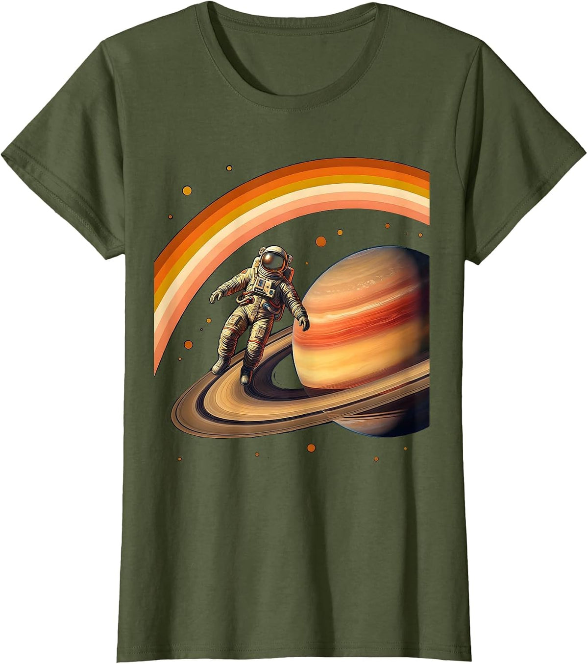 Women's Retro Astronaut Floating Near Ringed Planet T-Shirt - Olive Green