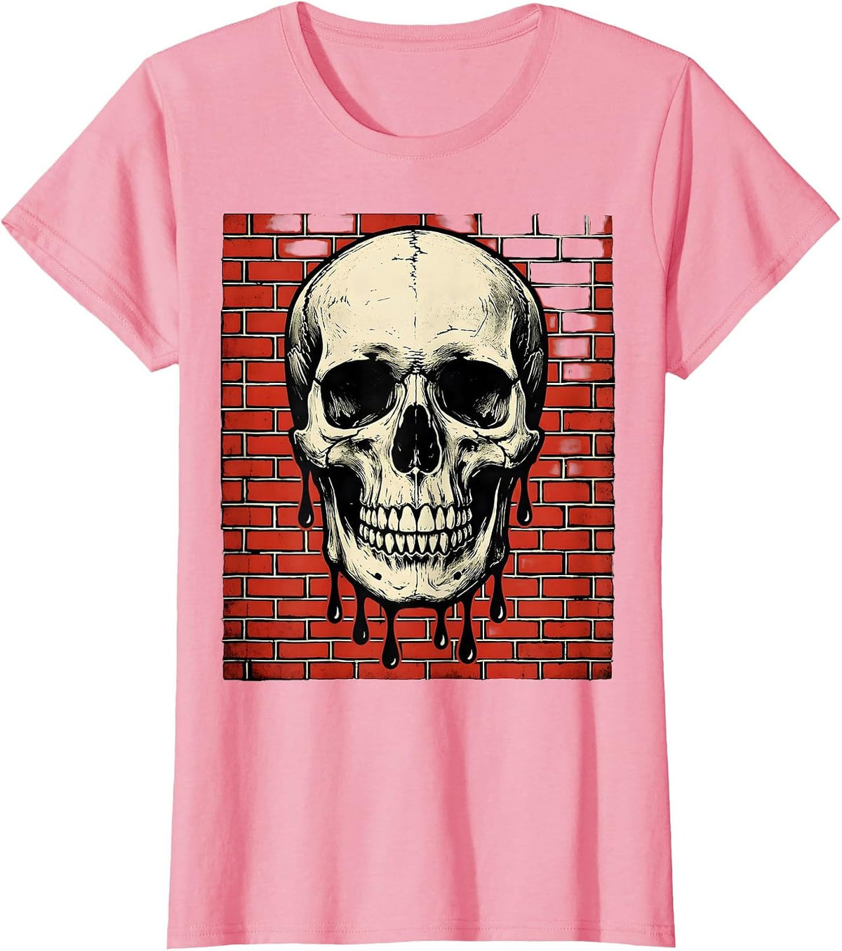 Women's Grunge Dripping Skull on Exposed Brick T-Shirt - Pink