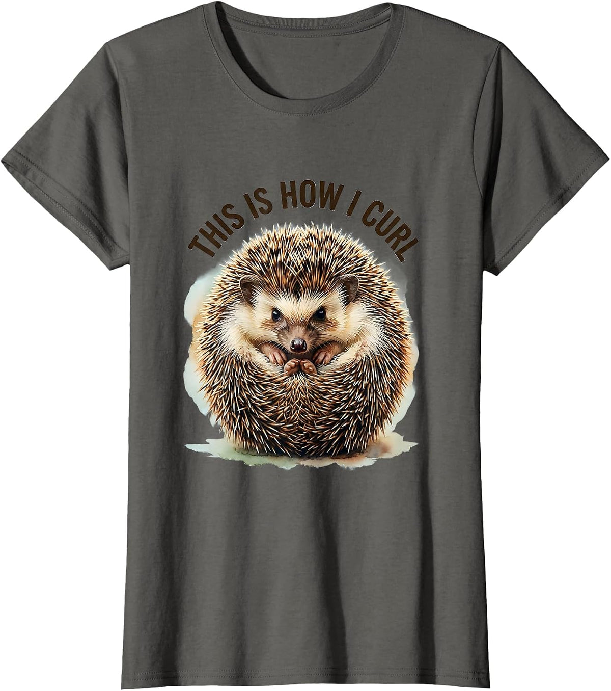Women's This Is How I Curl Watercolor Hedgehog Lover Cute Humor T-Shirt - Asphalt Grey