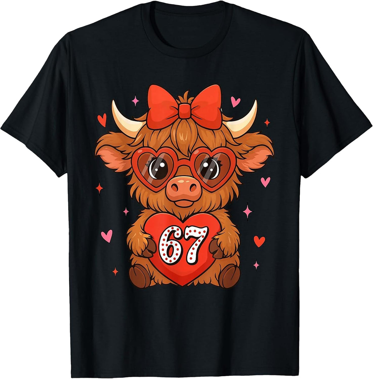 67 Meme Six Seven Cute Valentine Highland Cow Coquette Women T-Shirt - Black