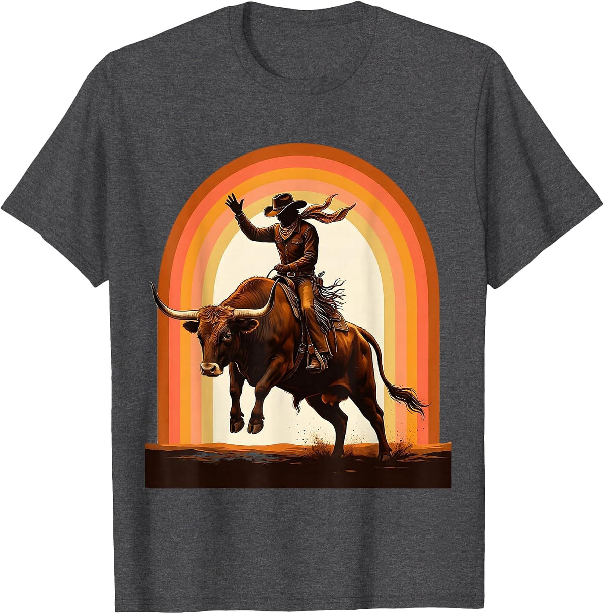 Cowgirl Bandana Longhorn Bull Riding Illustration T-Shirt - Dark Heather Grey