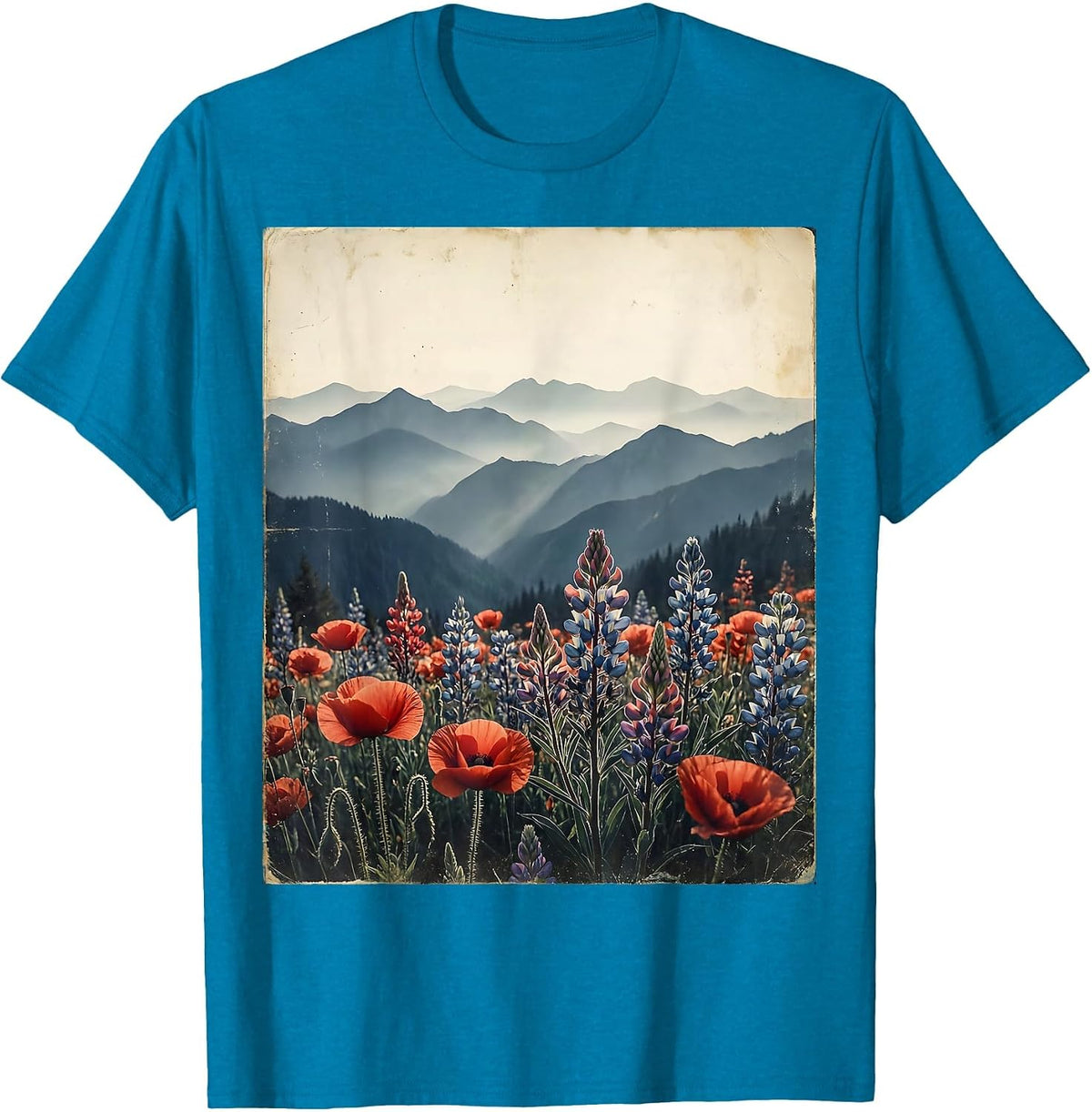 Blue Mountains Red Wildflowers Scenic Nature Design T-Shirt - Sapphire Blue