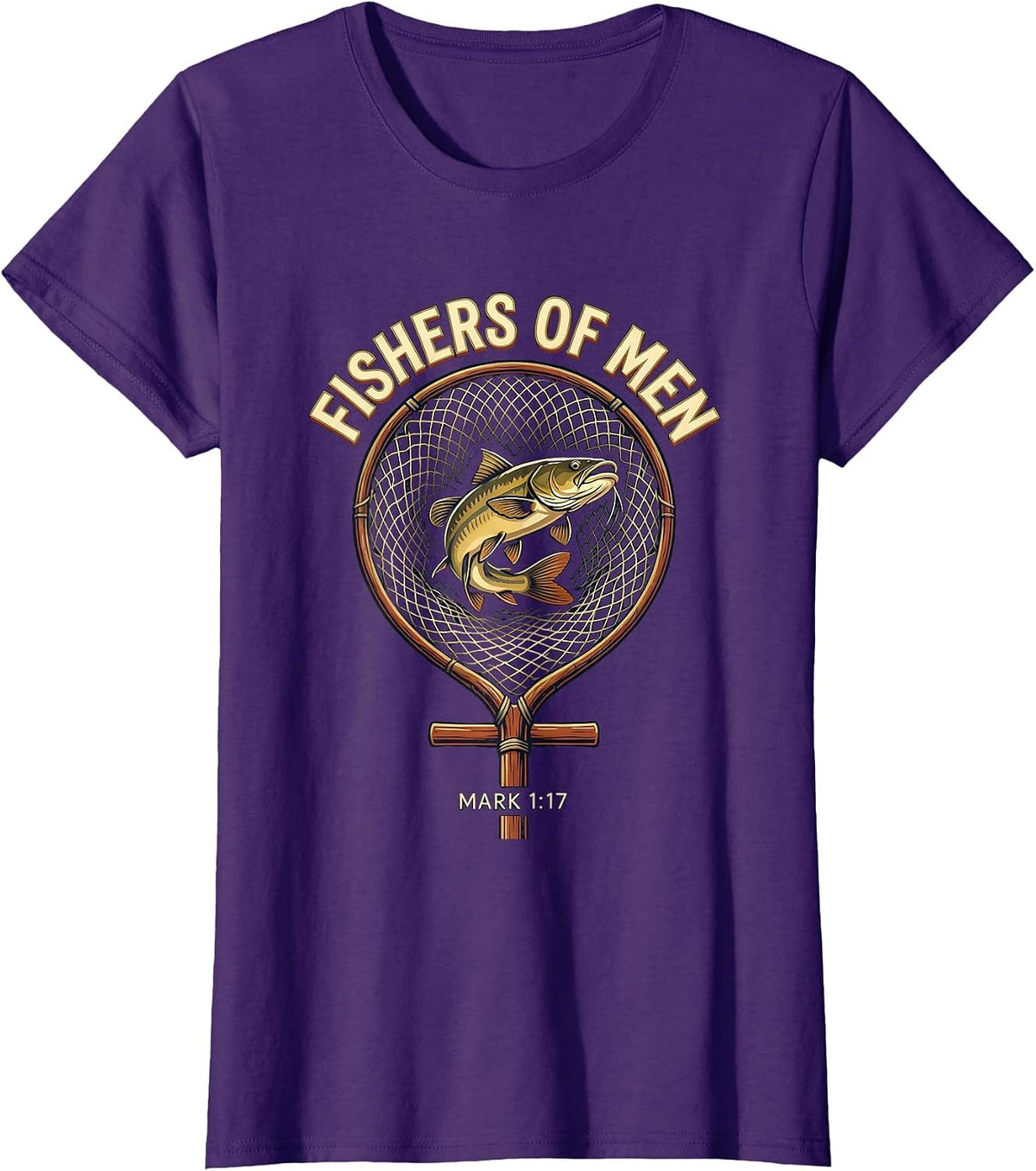 Women's Fishers Of Men Mark 1:17 Christian Fishing Humor Emblem T-Shirt - Purple