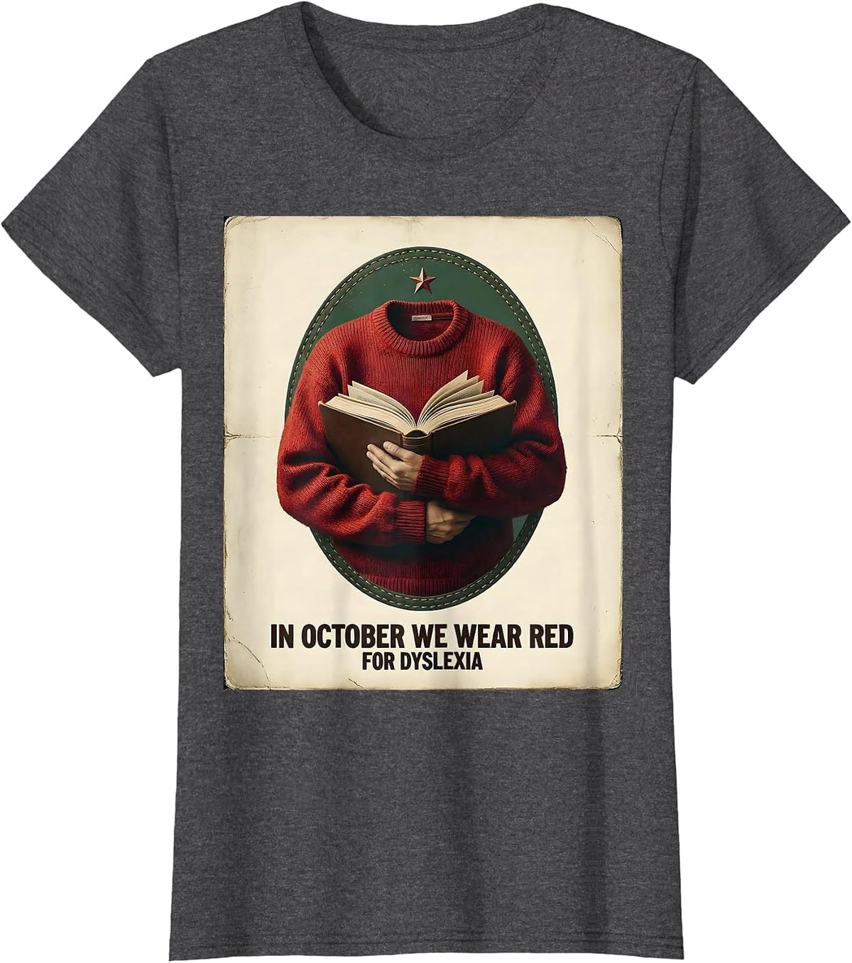 Women's In October We Wear Red for Dyslexia Vintage Teacher Dyslexia T-Shirt - Dark Heather Grey