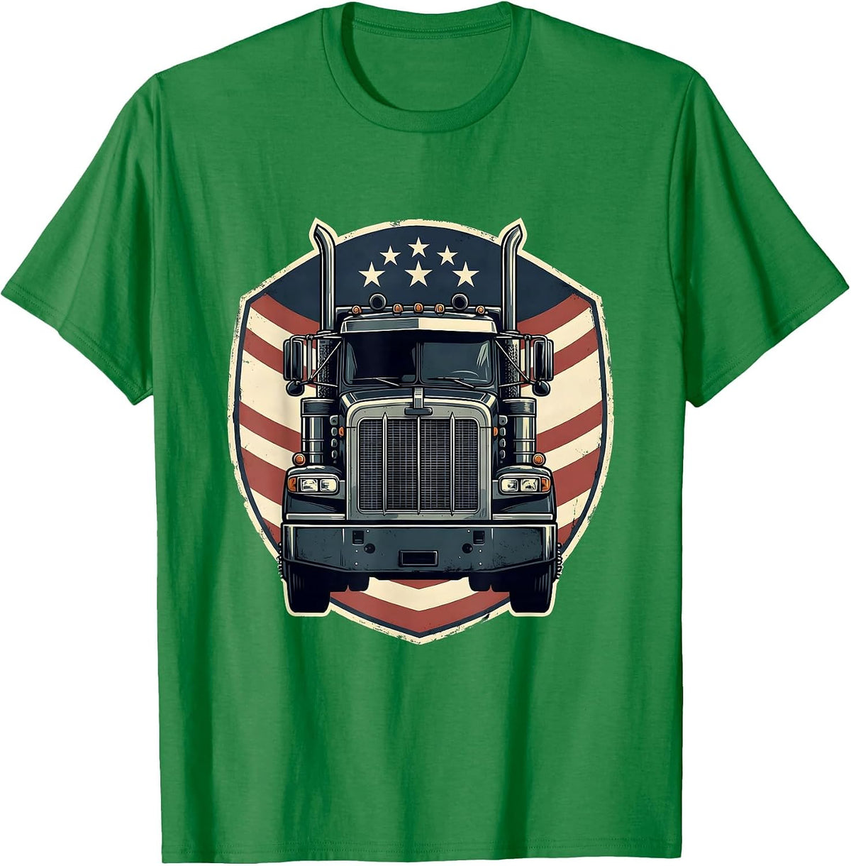 Men's Semi Truck Crest American Flag Patriotic Driver T-Shirt - Kelly Green