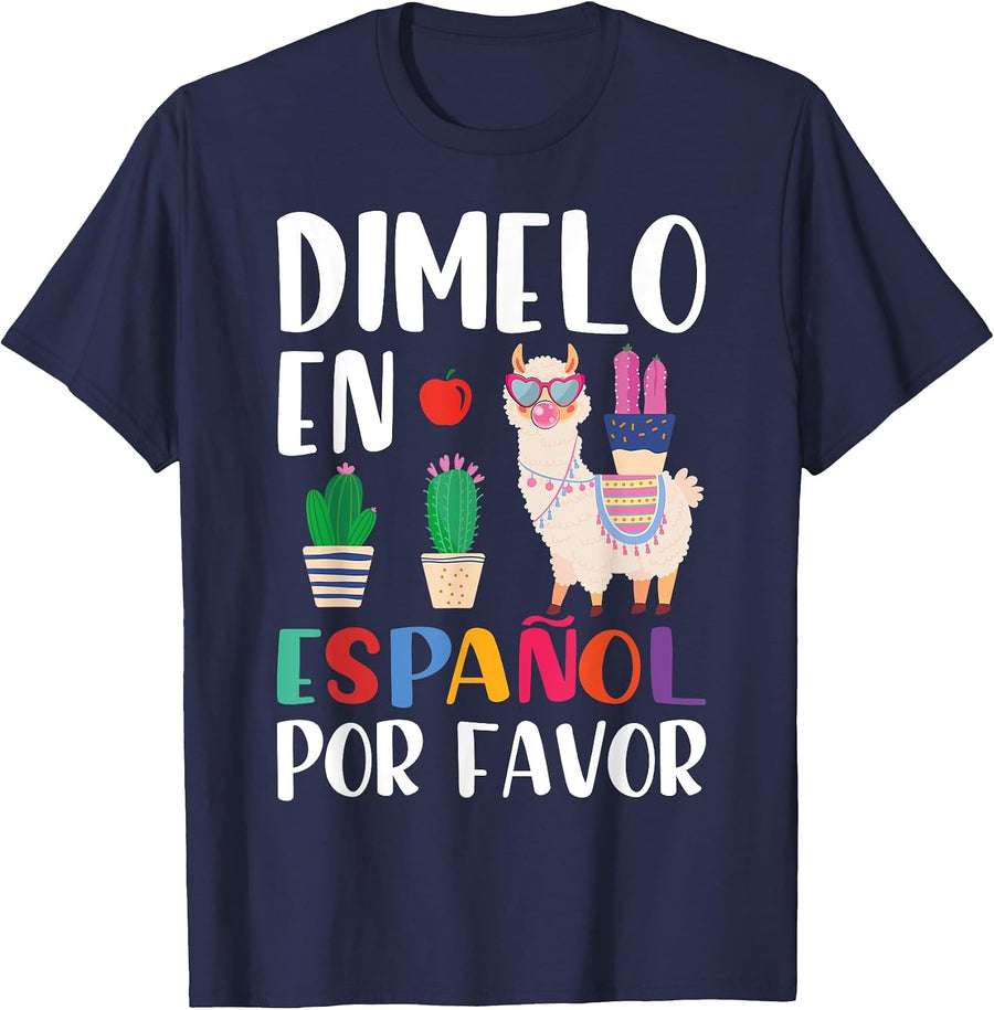 Dimelo En Espanol Bilingual Llama Spanish Teacher Maestra T-Shirt - Navy Blue