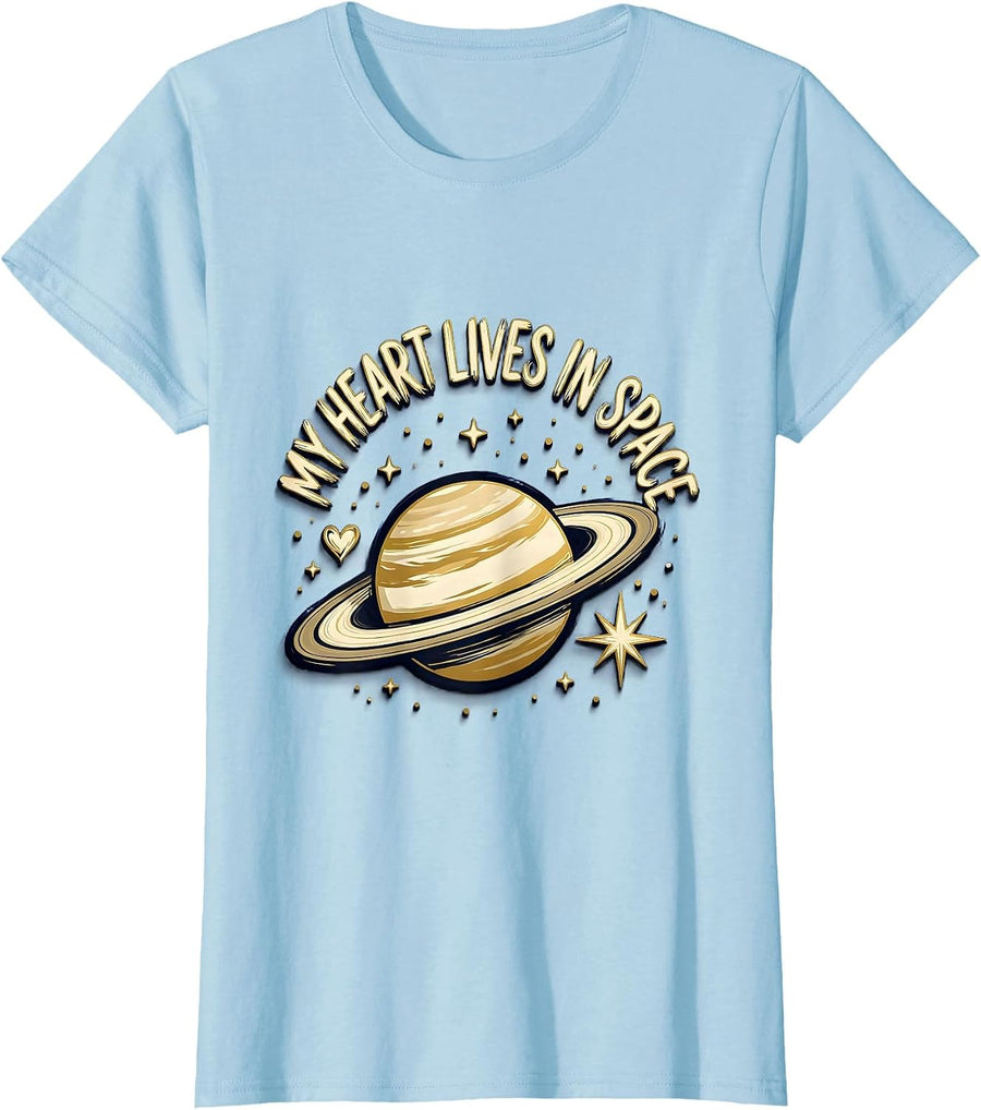 Women's My Heart Lives In Space Galaxy Design T-Shirt - Baby Blue