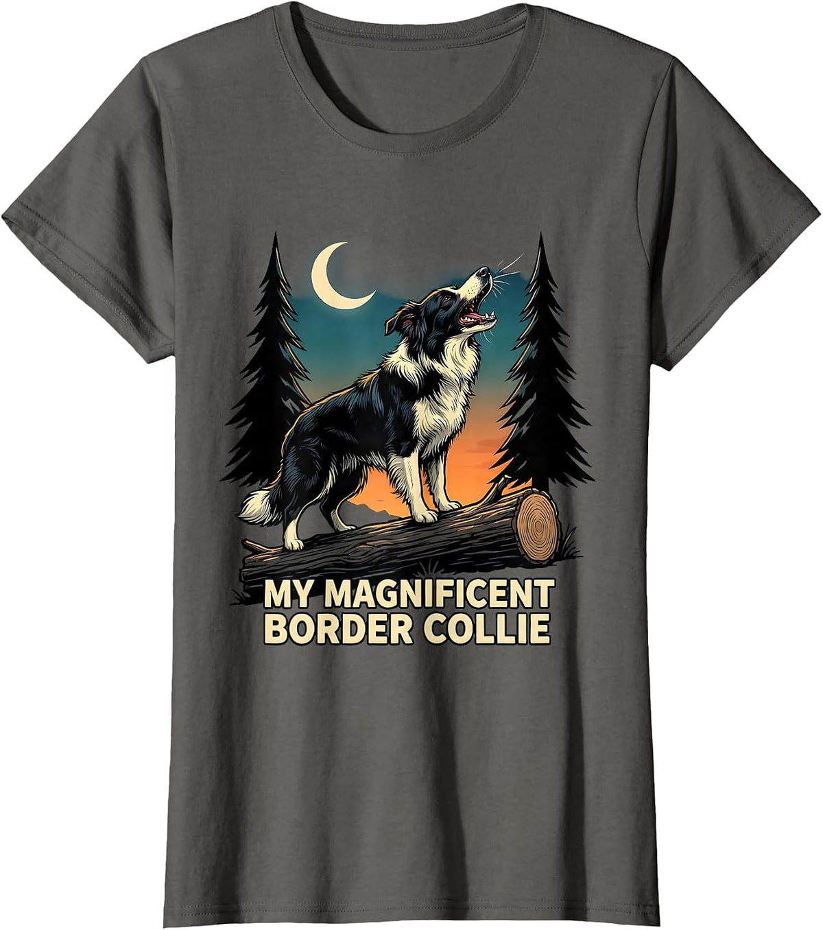 Women's MY MAGNIFICENT BORDER COLLIE Funny Cartoon Dog Breed Humor T-Shirt - Asphalt Grey