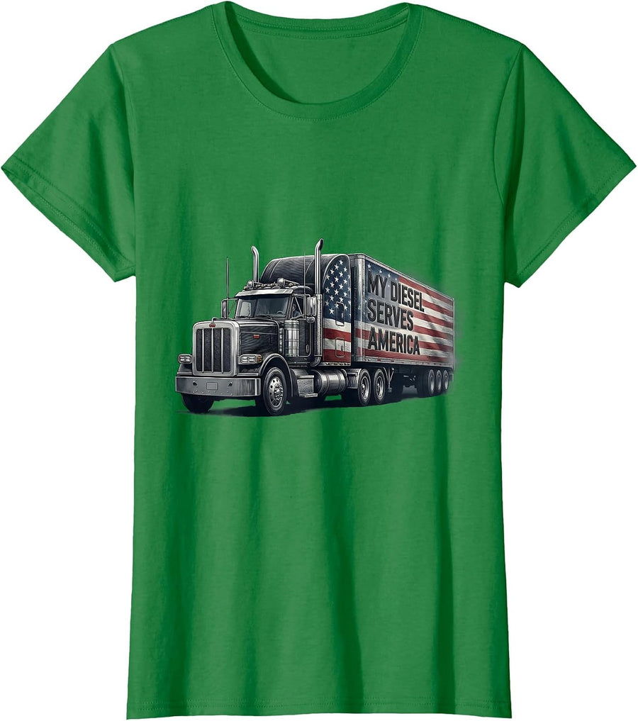 Women's My Diesel Serves America Patriotic Semi Truck Driver Trucker T-Shirt - Kelly Green