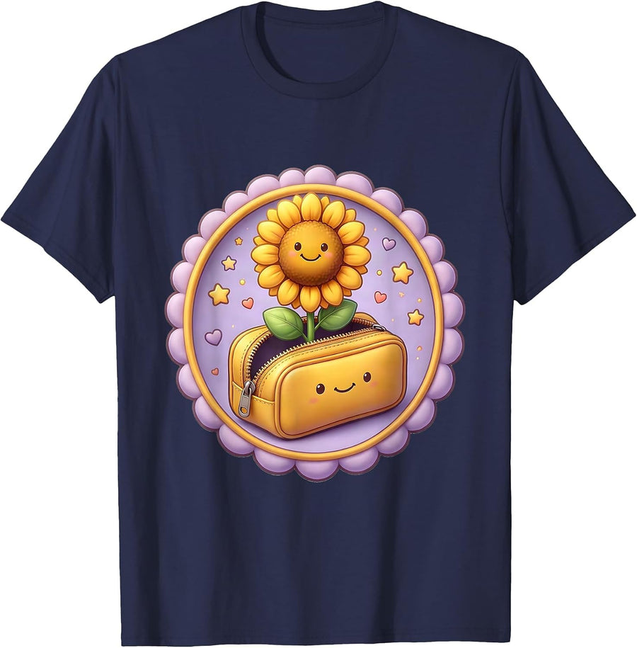 Sunflower Pencil Case Elementary Teacher Gift T-Shirt - Navy Blue