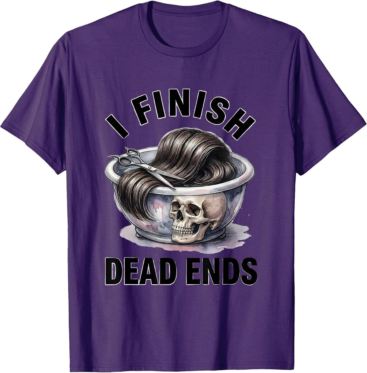 I Finish Dead Ends Watercolor Halloween Hairstylist Skeleton T-Shirt - Purple