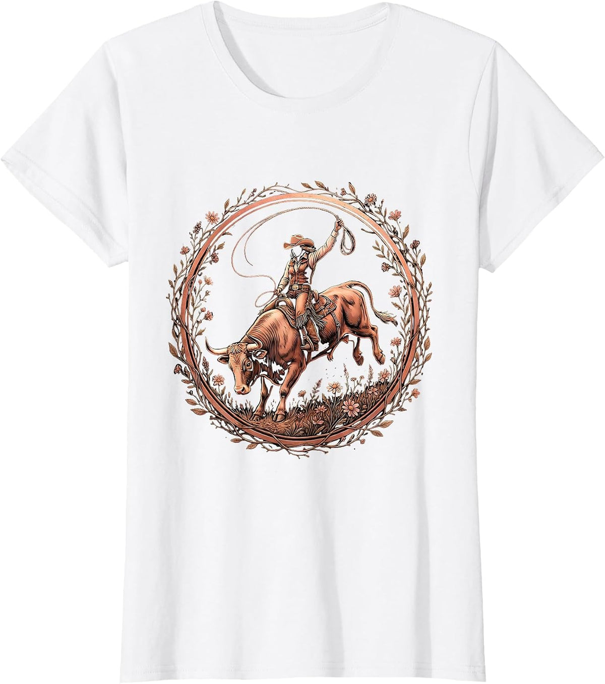 Cowgirl Bull Riding Rodeo Arena Graphic T-Shirt - White