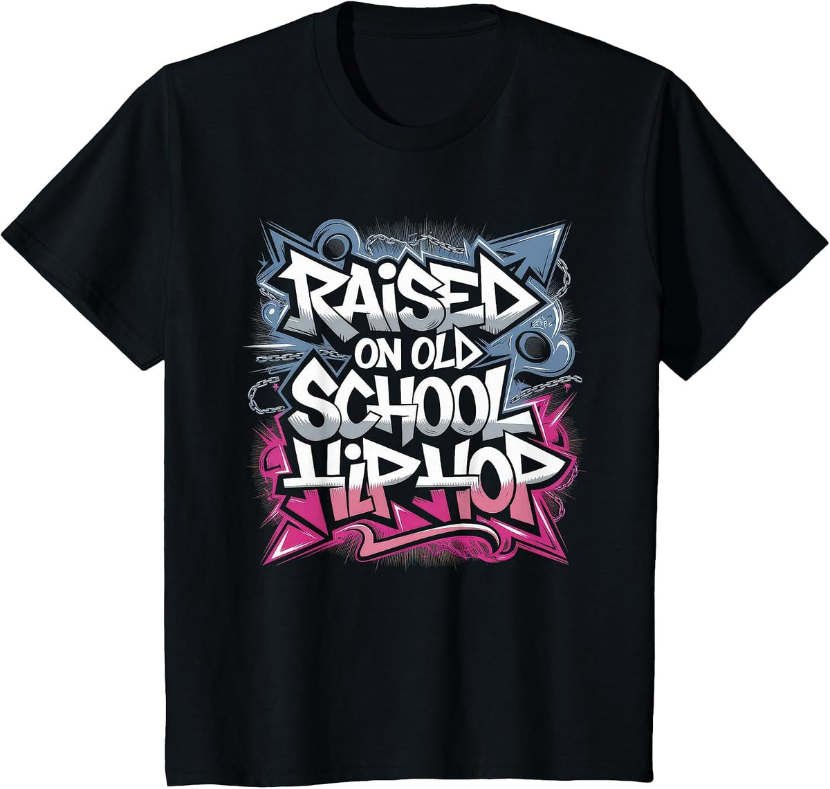 Raised ON Old School Hip HOP Tshirt Cassette Graffiti Rap T-Shirt - Black