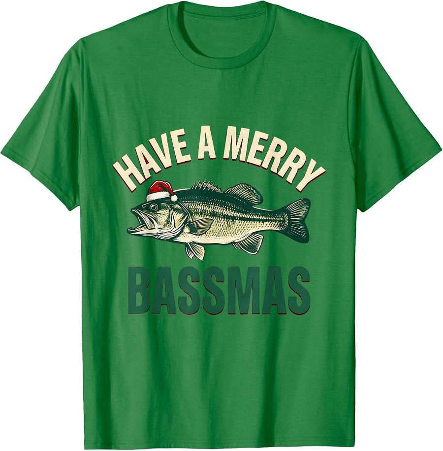 Men's Have a Merry Bassmas Funny Fishing Christmas Fisherman Gift T-Shirt - Kelly Green