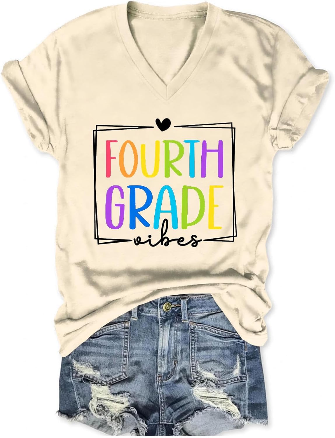 Fourth Grade Teacher T-Shirt Womens Funny Teacher Graphic Shirt Back to School Tops Casual Short Sleeve V Neck Tees - Khaki