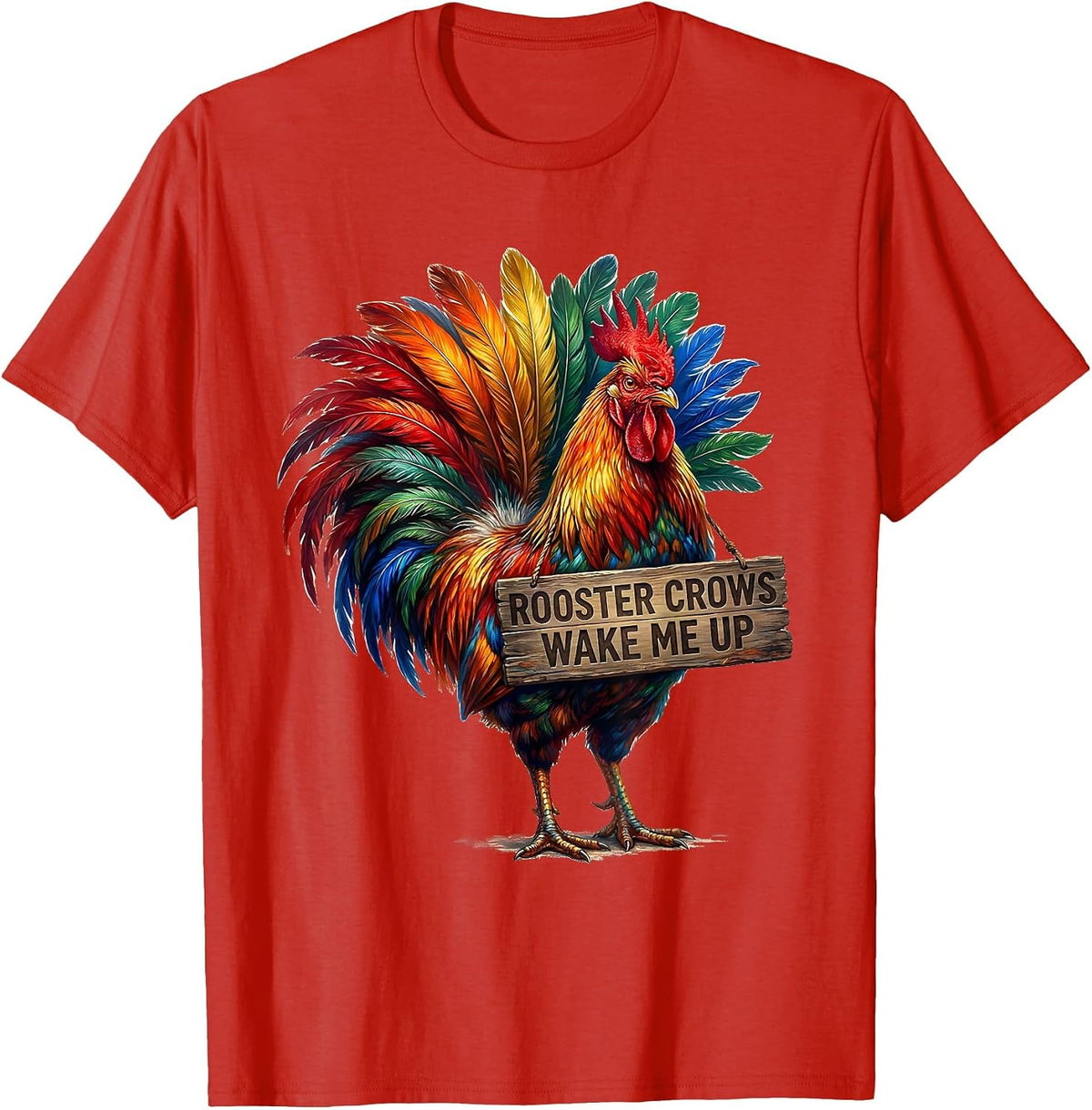 Men's Rooster Crows Wake Me Up Funny Farm Design T-Shirt - Red