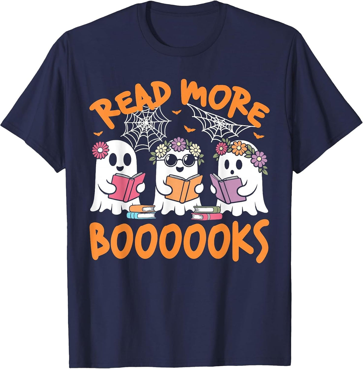 Cute Ghost Book Read More Books Funny Teachers Halloween T-Shirt - Navy Blue