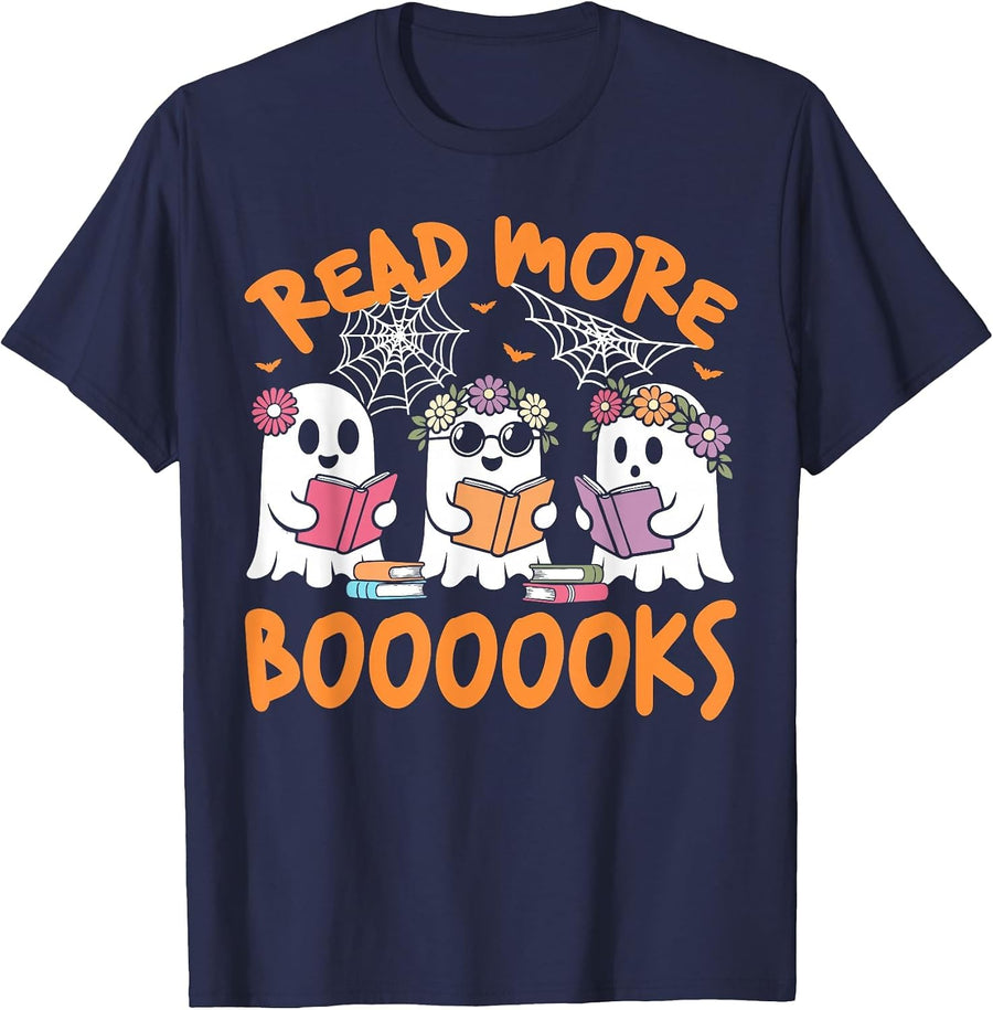 Cute Ghost Book Read More Books Funny Teachers Halloween T-Shirt - Navy Blue