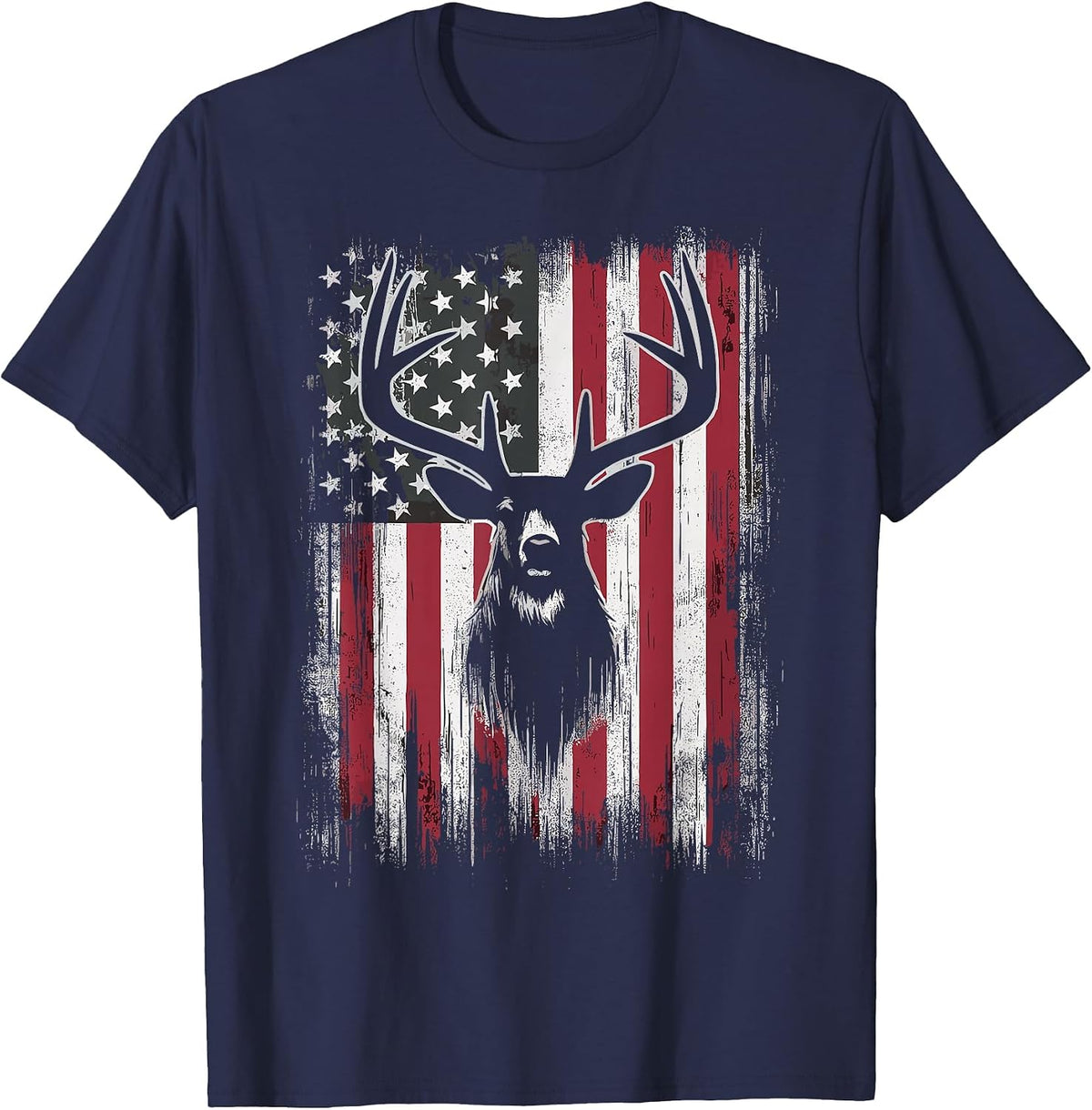 Deer Hunting American Flag T-Shirt - Navy Blue