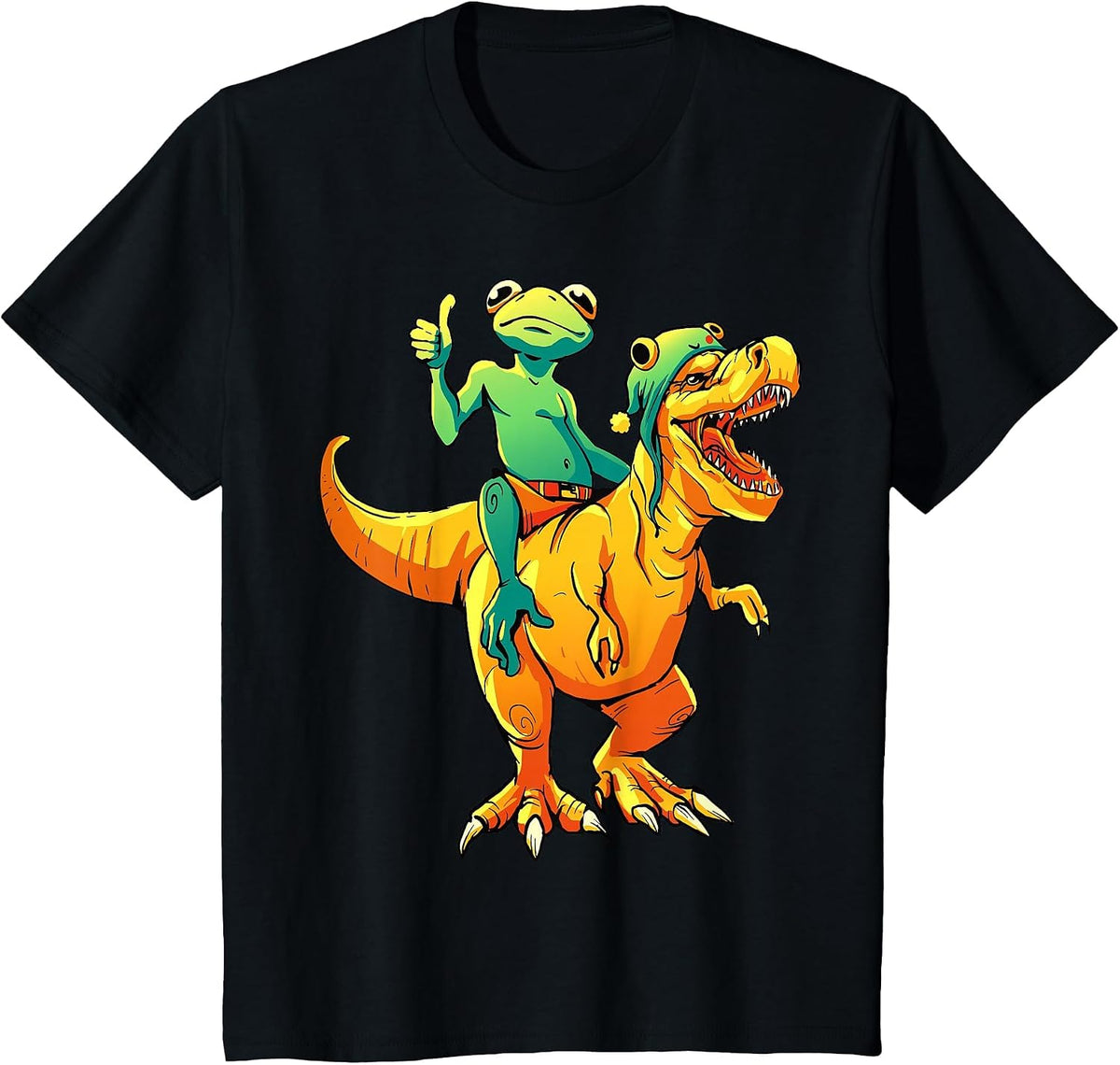 Frog on Dinosaurs Animal Lover Funny Design T-Shirt - Black