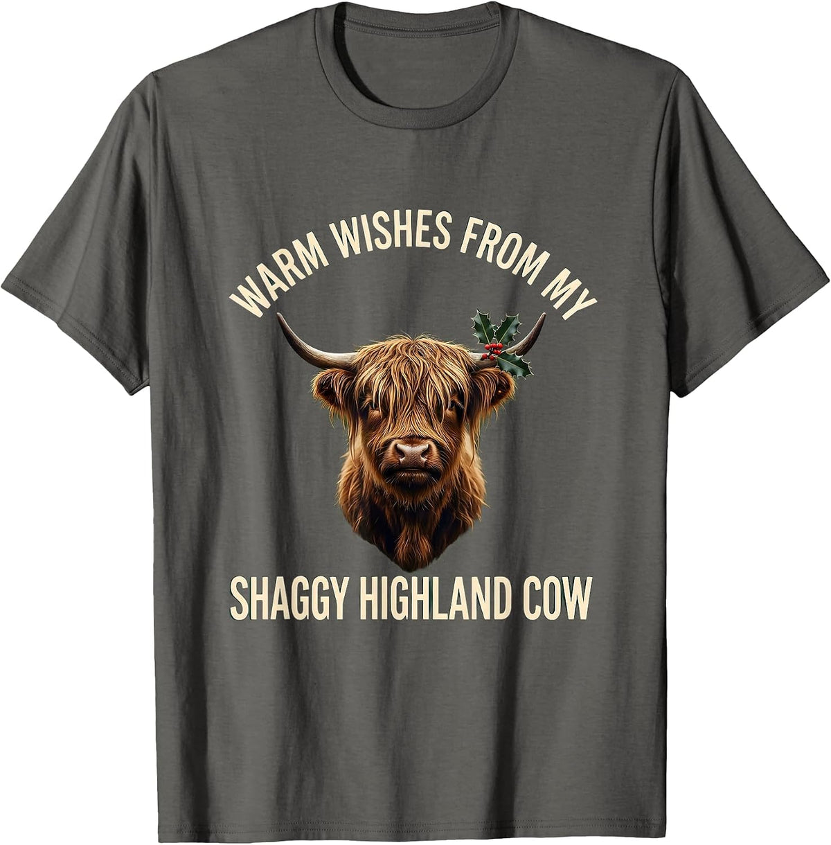 Warm Wishes From My Shaggy Highland Cow Christmas T-Shirt - Asphalt Grey