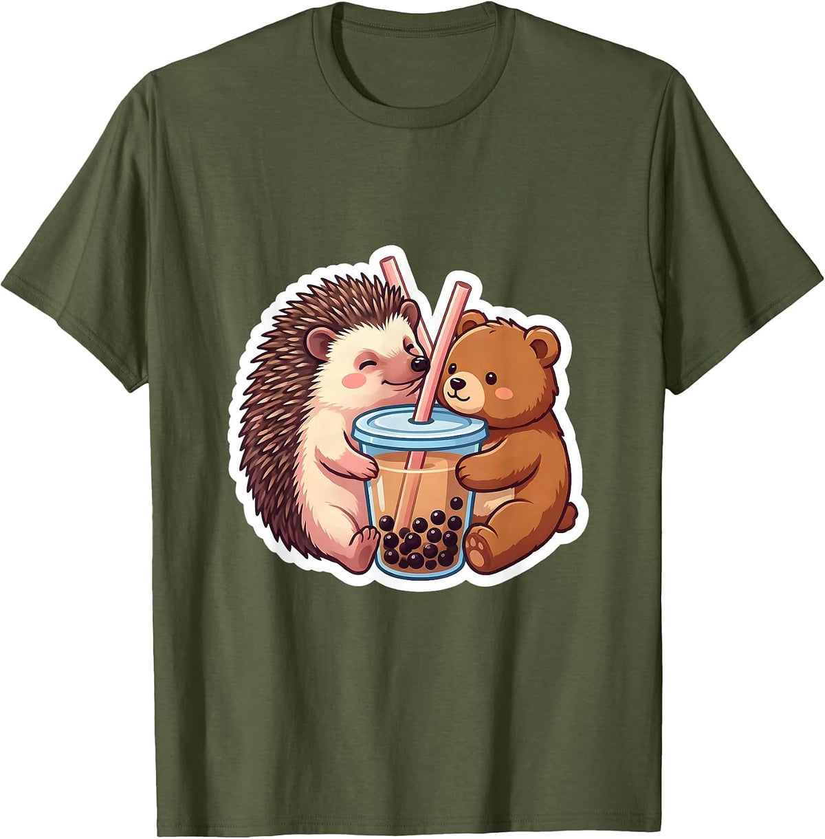 Hedgehog and Bear Boba Tea Kawaii Anime Girls Cute T-Shirt - Olive Green