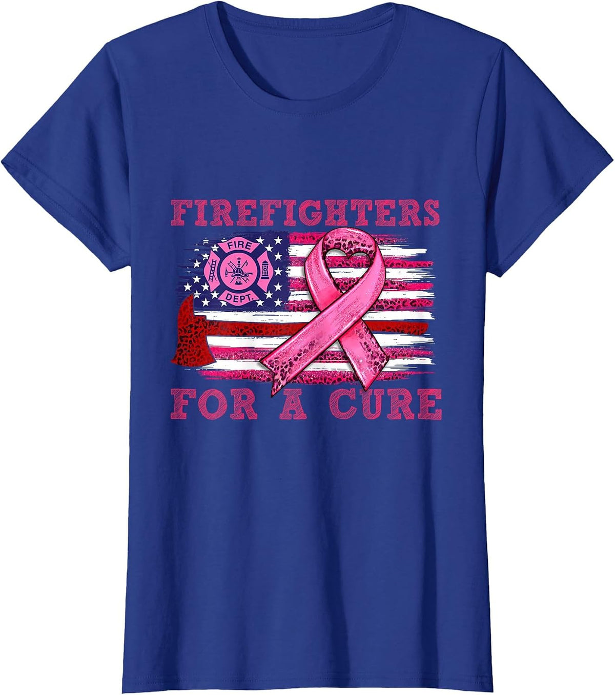 Breast Cancer Awareness Firefighter for a Cure American Flag T-Shirt - Royal Blue
