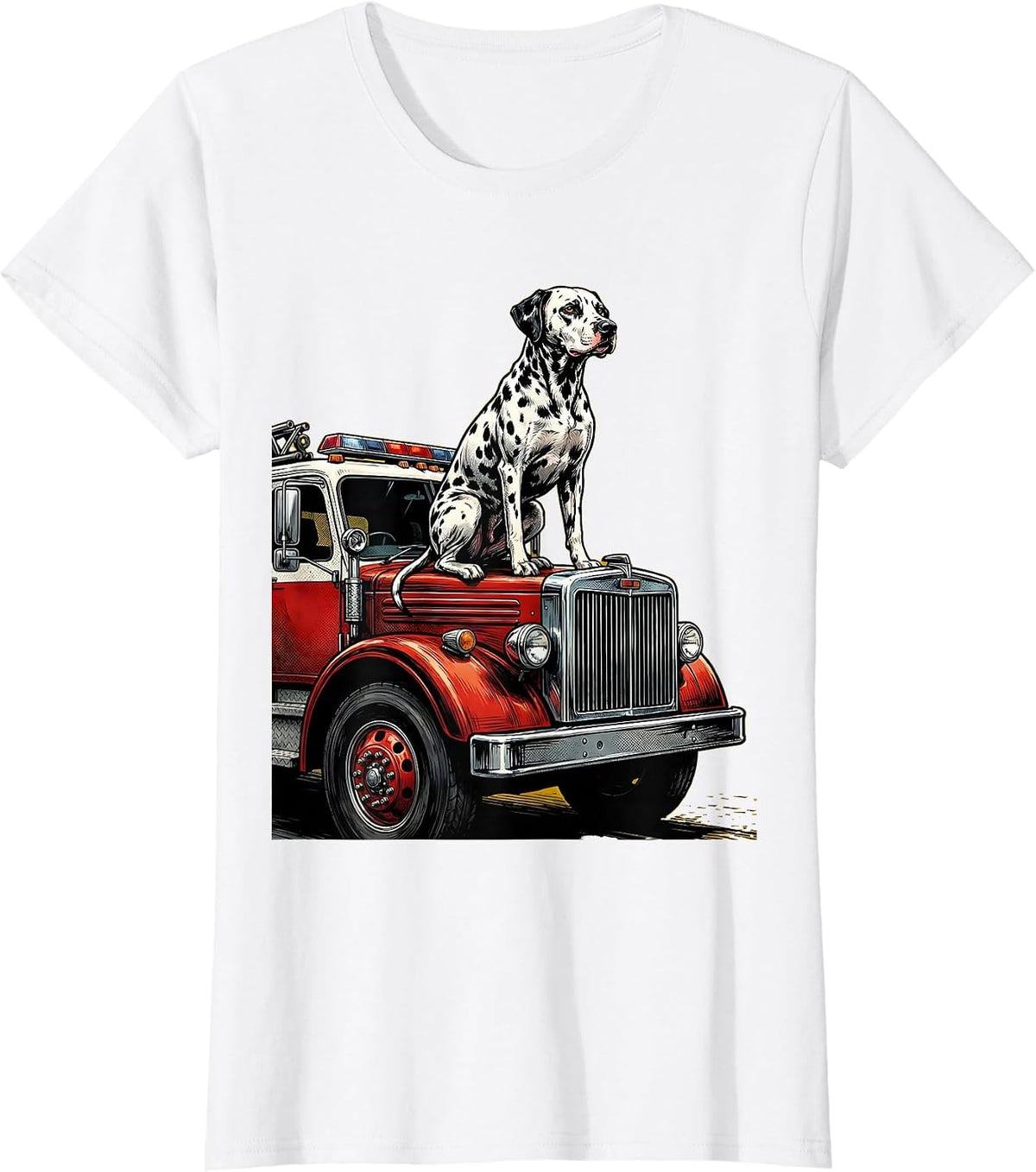 Firefighter Dalmatian Dog on Fire Truck Graphic T-Shirt - White