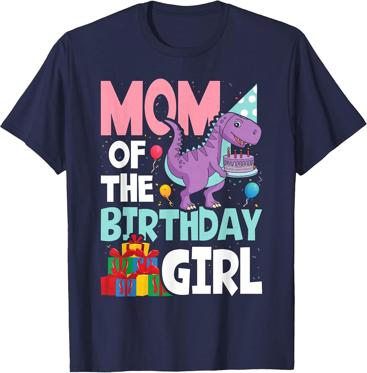 Mom of The Birthday for Girl Saurus Rex Dinosaur Party T-Shirt - Navy Blue