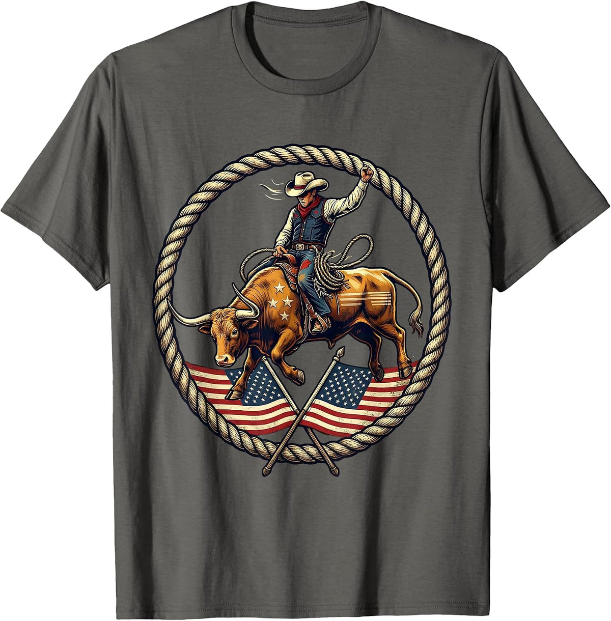 Men's Bull Rider Gripping Rope Mid-Buck Western Graphic T-Shirt - Asphalt Grey