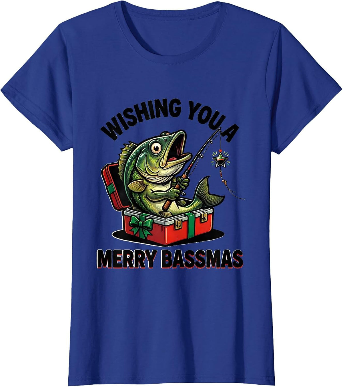 Women's Wishing You a Merry Bassmas Funny Cartoon Christmas Fishing T-Shirt - Royal Blue