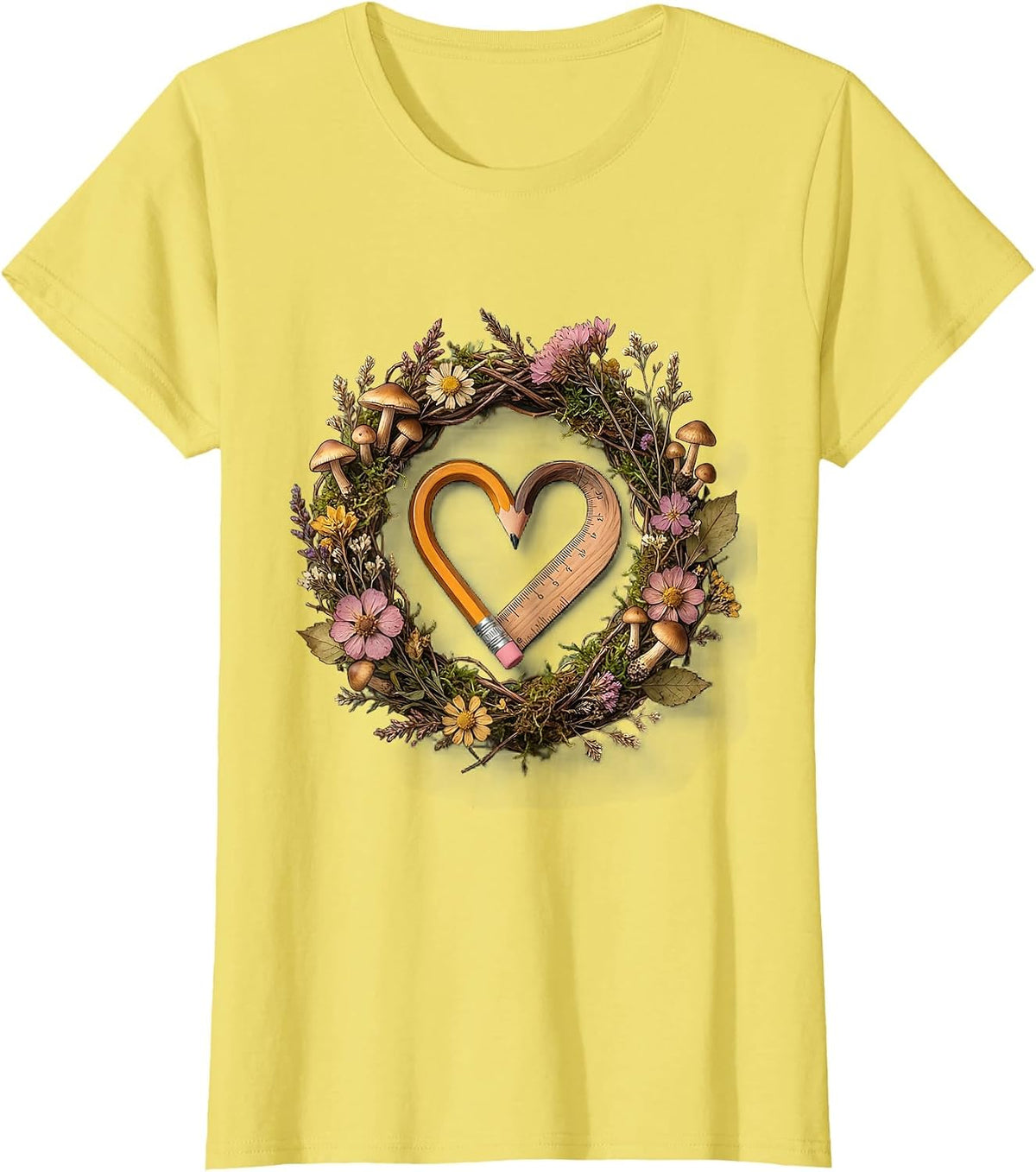 Elementary Teacher Ruler Pencil Heart Graphic T-Shirt - Lemon Yellow
