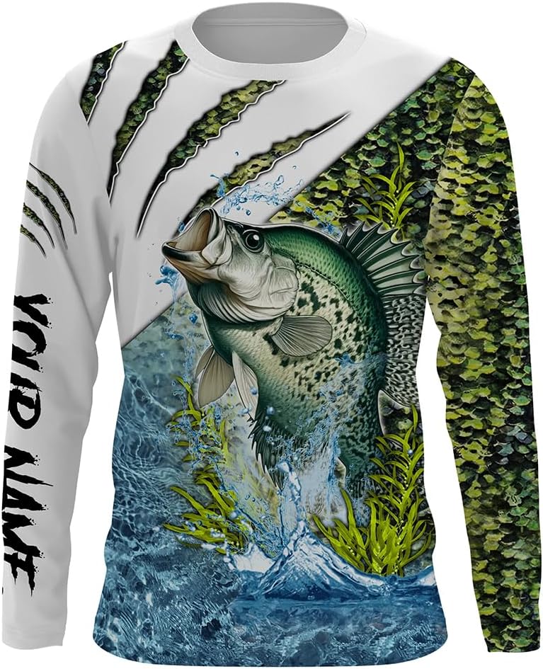 Crappie Fishing Green Scales Freshwater Custom Name Long Sleeve, Long Sleeve Hooded Fishing Shirt - Long Sleeves Upf