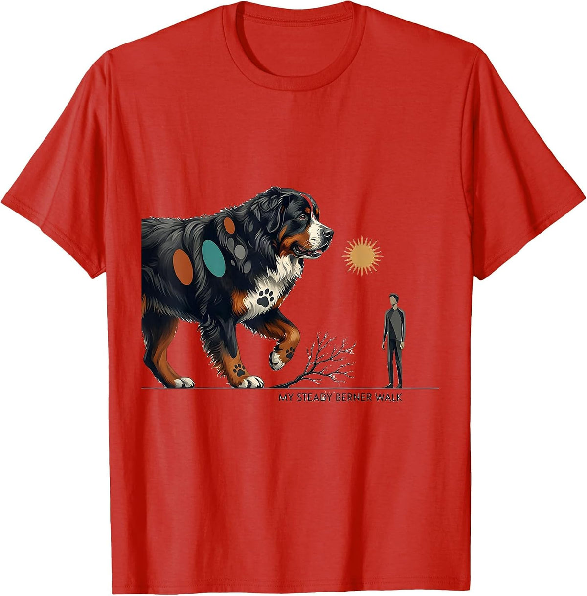Men's My Steady Berner Walk Midcentury Modern Bernese Mountain Dog T-Shirt - Red