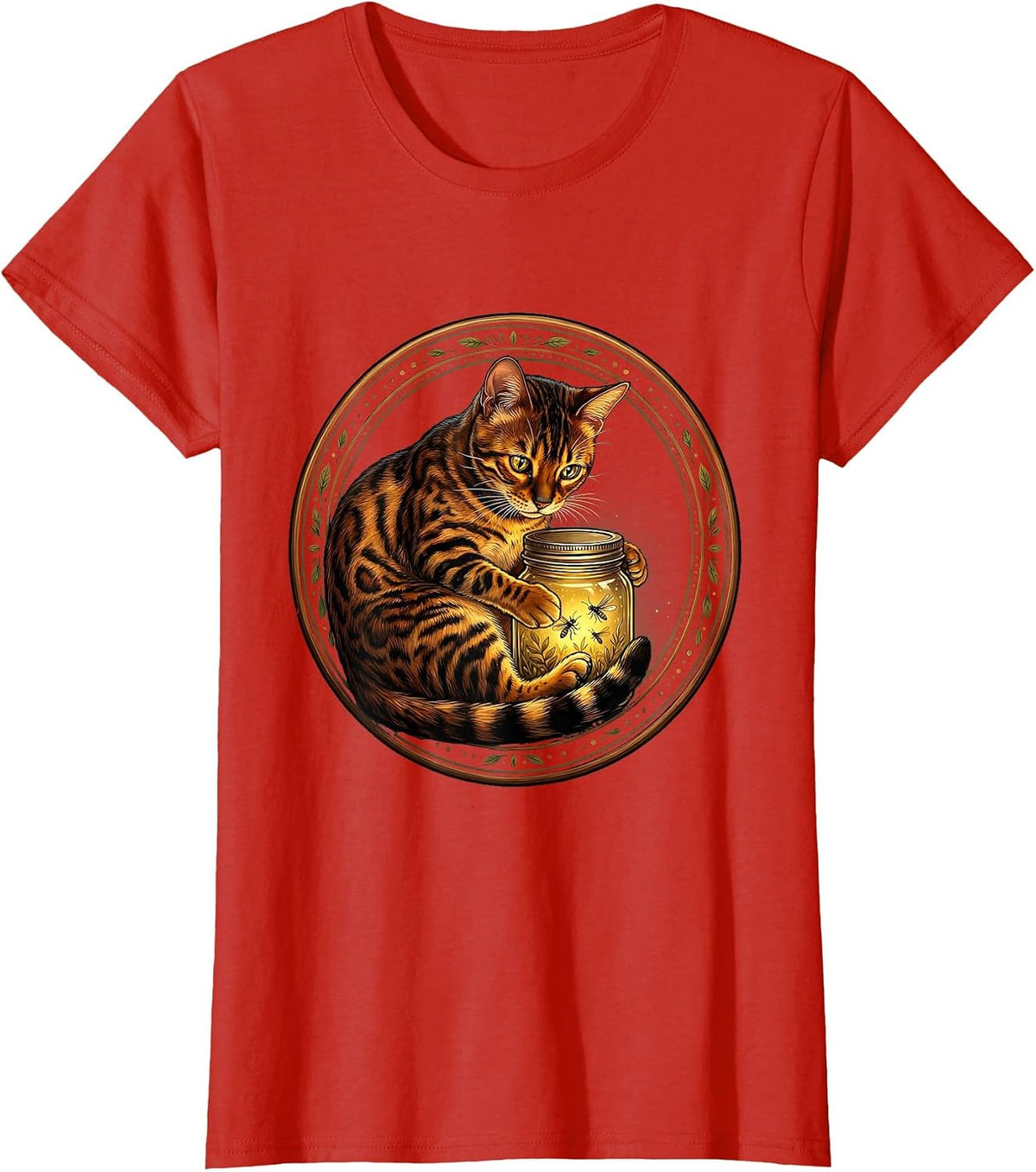Bengal Cat Firefly Jar Wholesome Glow Design T-Shirt - Red