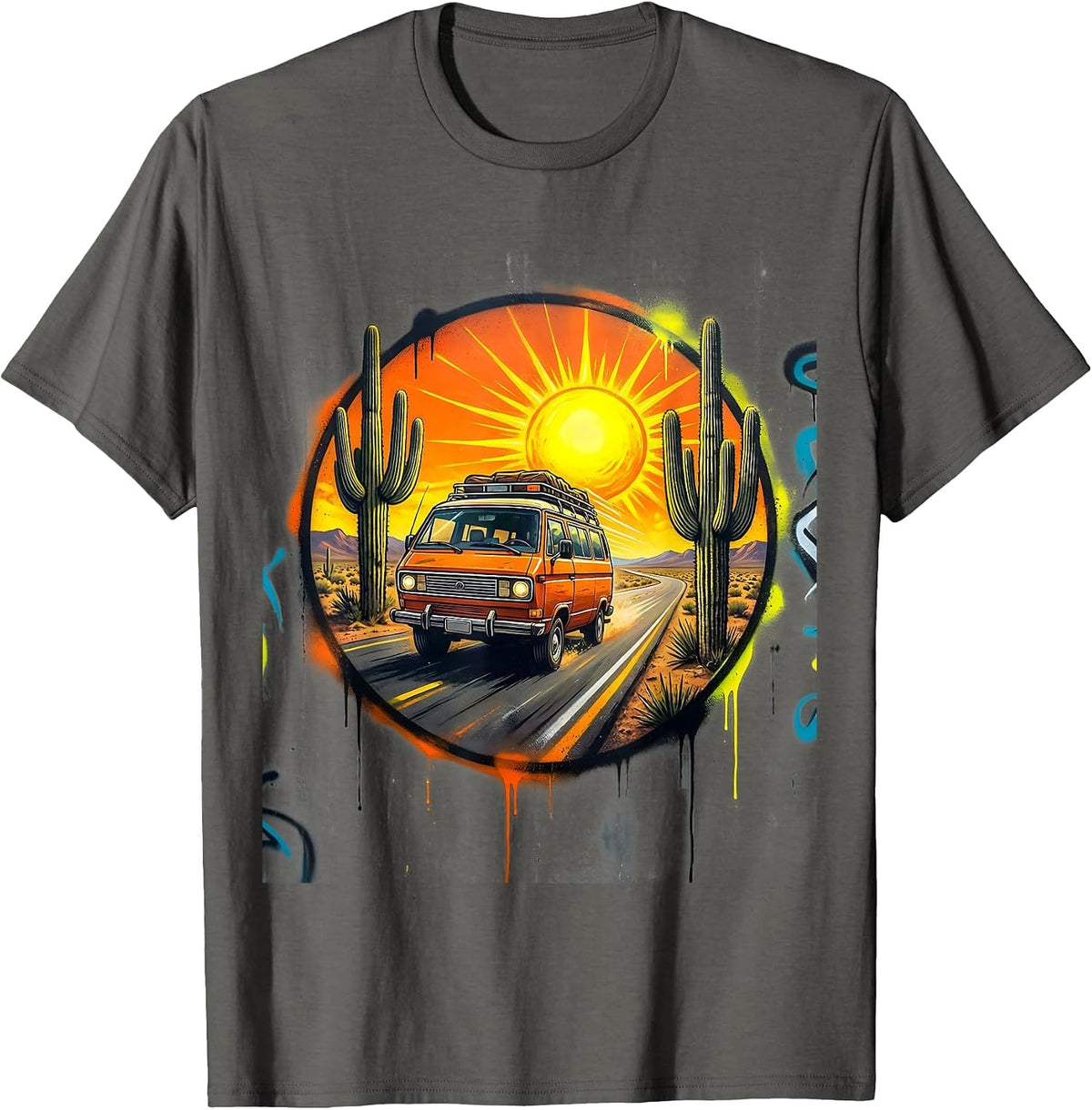 Men's Vintage Desert Highway Touring Van Graphic T-Shirt - Asphalt Grey