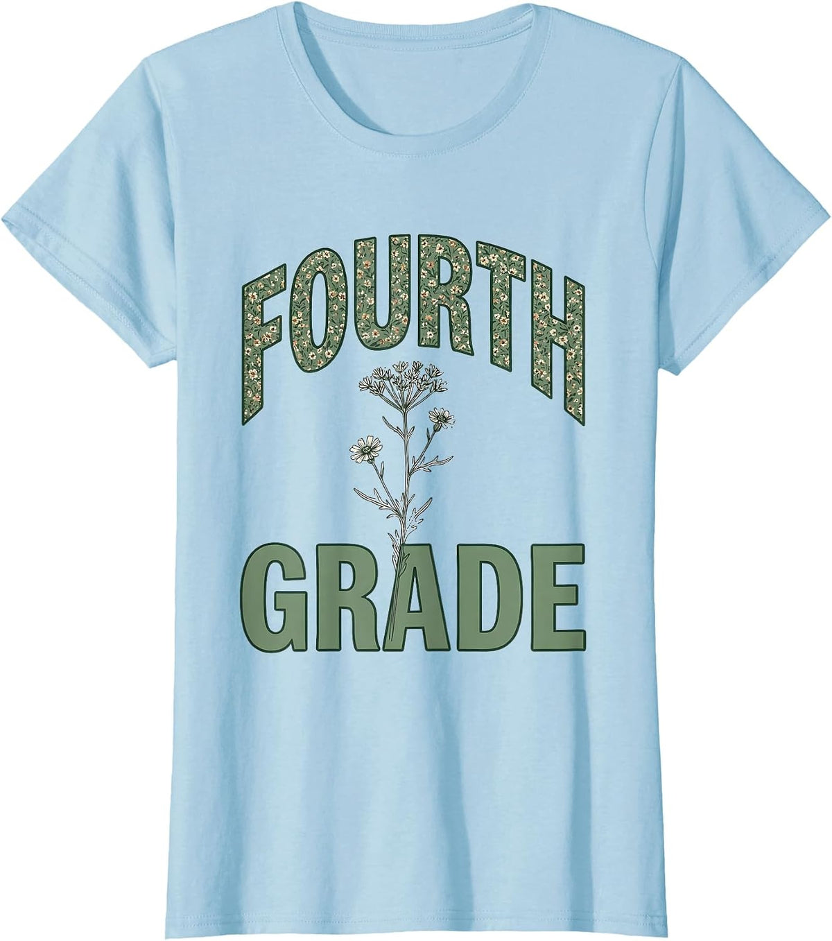 Women's Fourth Grade Boho Minimalist Teacher Wildflower Back T-Shirt - Baby Blue