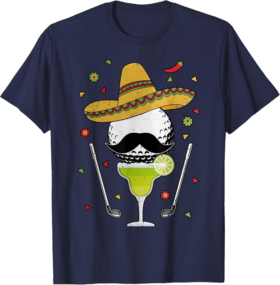 Cinco de Mayo Golf Bal with Sombrero and Margarita Golfer T-Shirt - Navy Blue