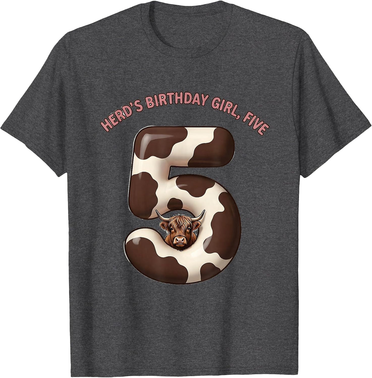 Men's Herd's Birthday Girl Five Cute Highland Cow Farm Mom T-Shirt - Dark Heather Grey