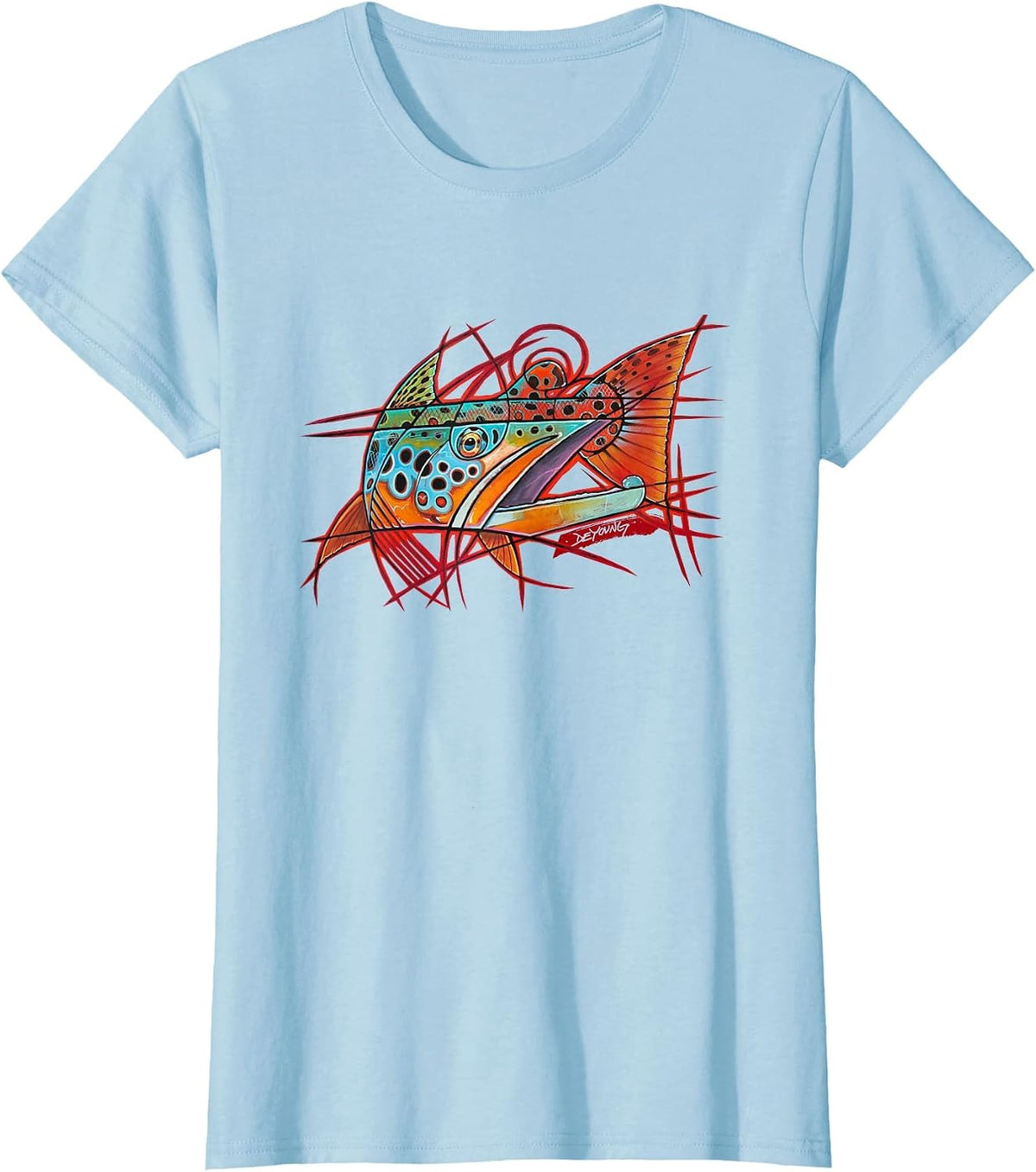 Cubist Brown Trout Fishing T-Shirt Derek Deyoung - Baby Blue