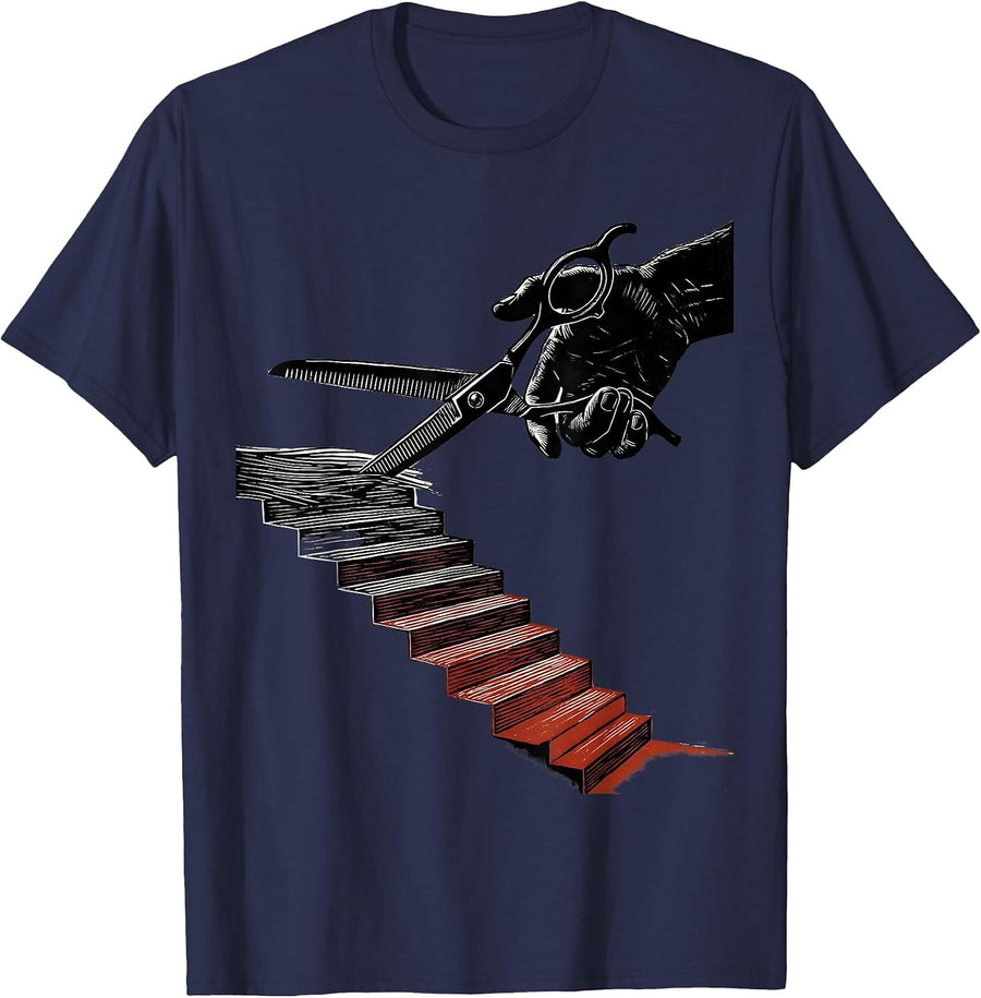 Barber Hand Grips Oversized Shears Vintage Linocut T-Shirt - Navy Blue