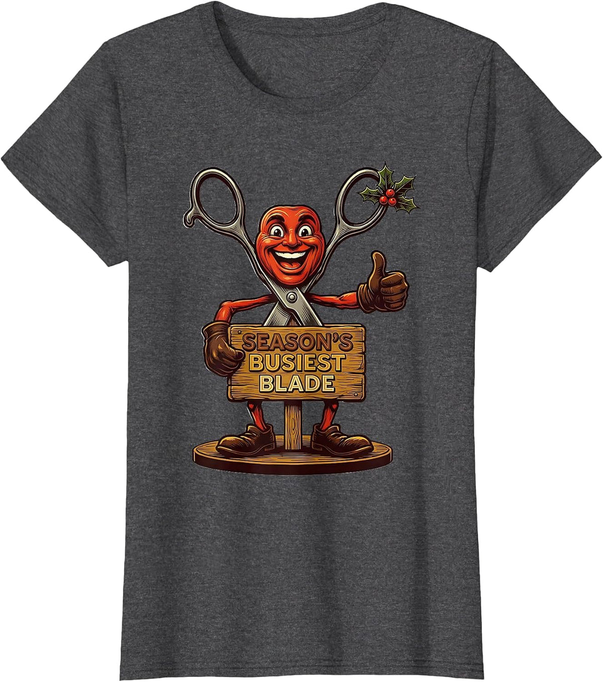 Women's Season's Busiest Blade Retro Advertising Mascot Barber Gift T-Shirt - Dark Heather Grey