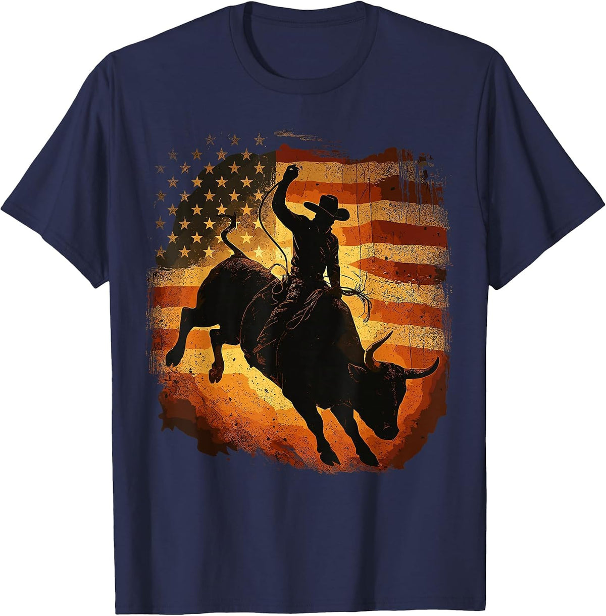 Cowboys American Flag Rodeo Rider Bull Patriotic T-Shirt - Navy Blue