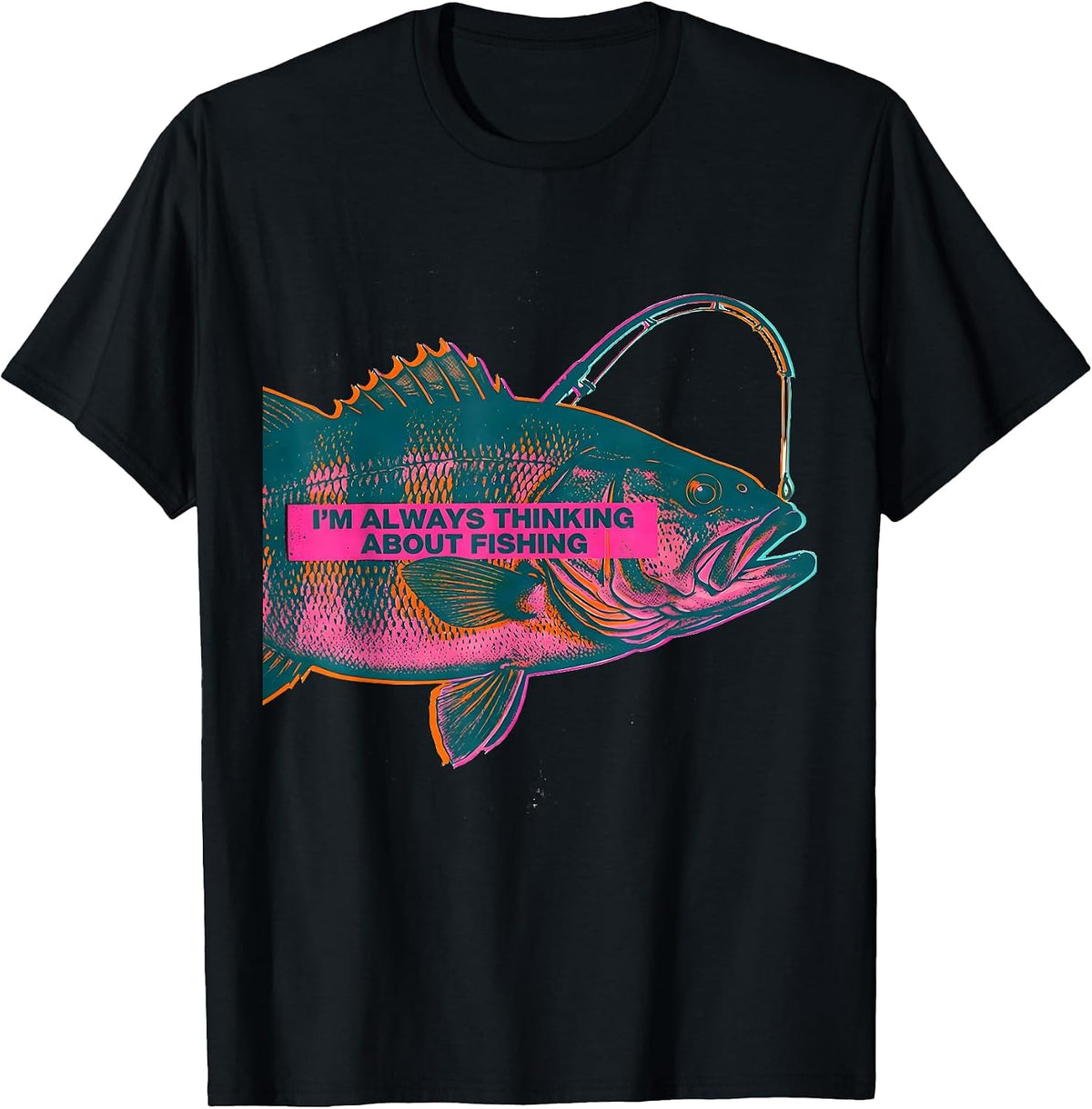 Men's I’m Always Thinking About Fishing Funny Bass Fisherman Gift T-Shirt - Black