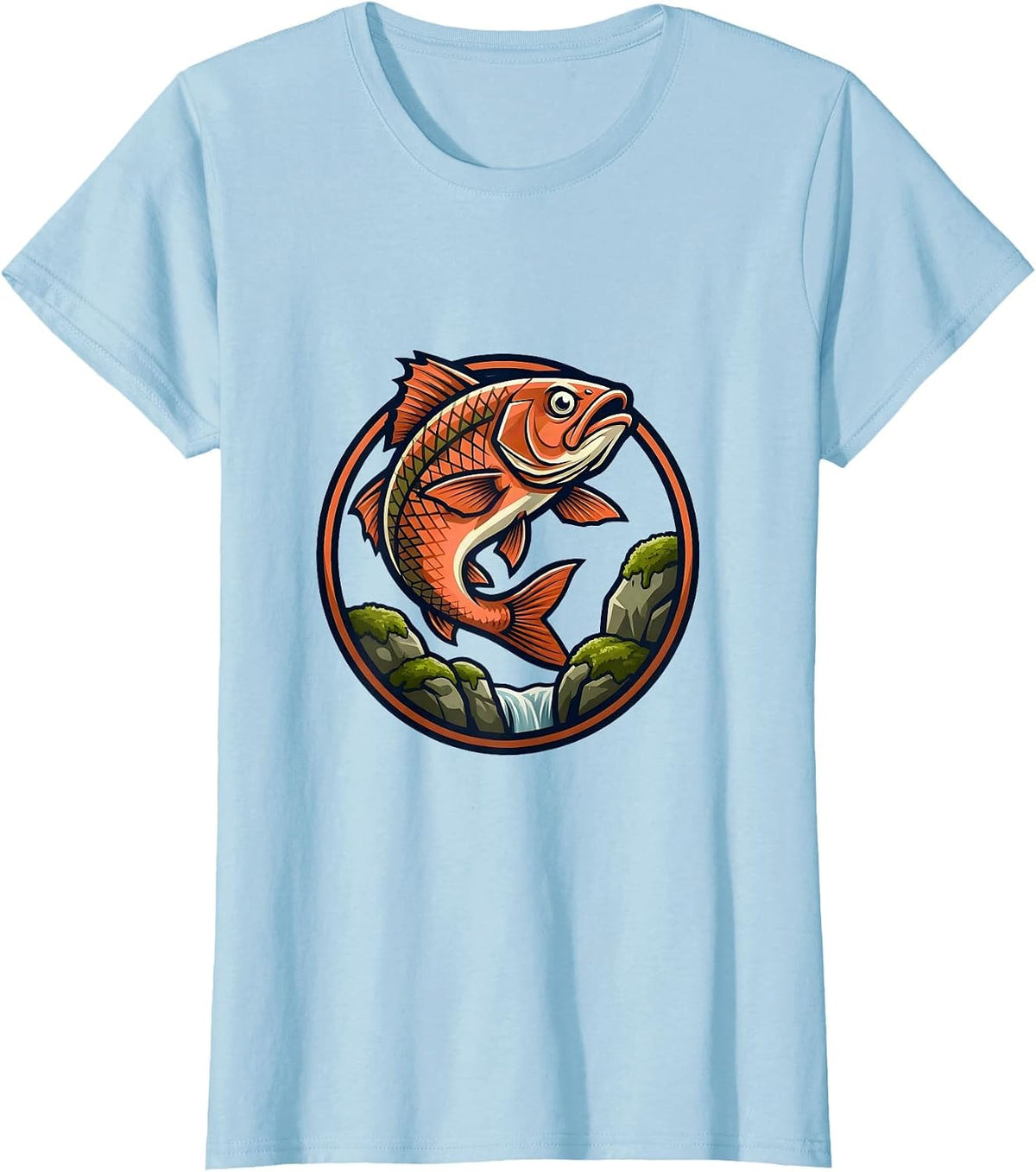Salmon Jumping Over Mossy Waterfall Rocks T-Shirt - Baby Blue