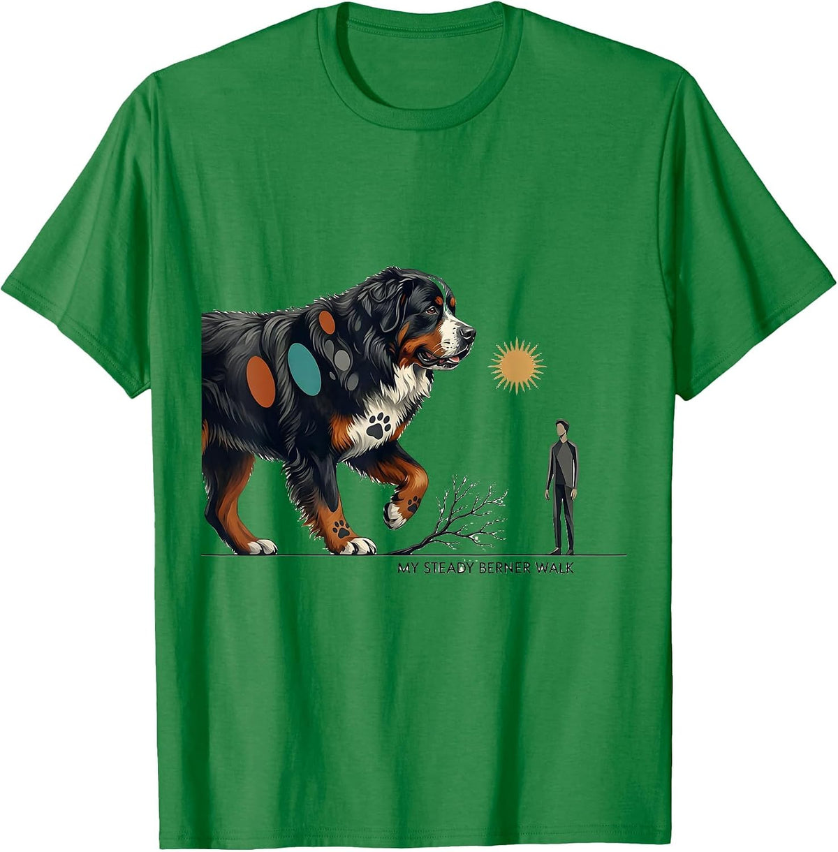 Men's My Steady Berner Walk Midcentury Modern Bernese Mountain Dog T-Shirt - Kelly Green