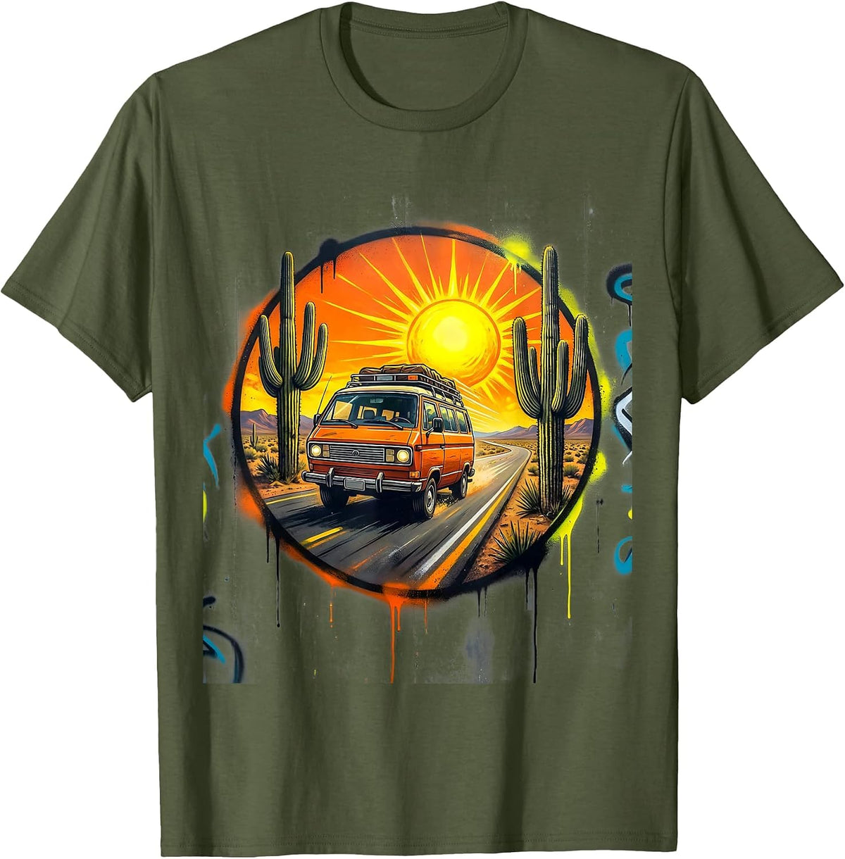 Men's Vintage Desert Highway Touring Van Graphic T-Shirt - Olive Green
