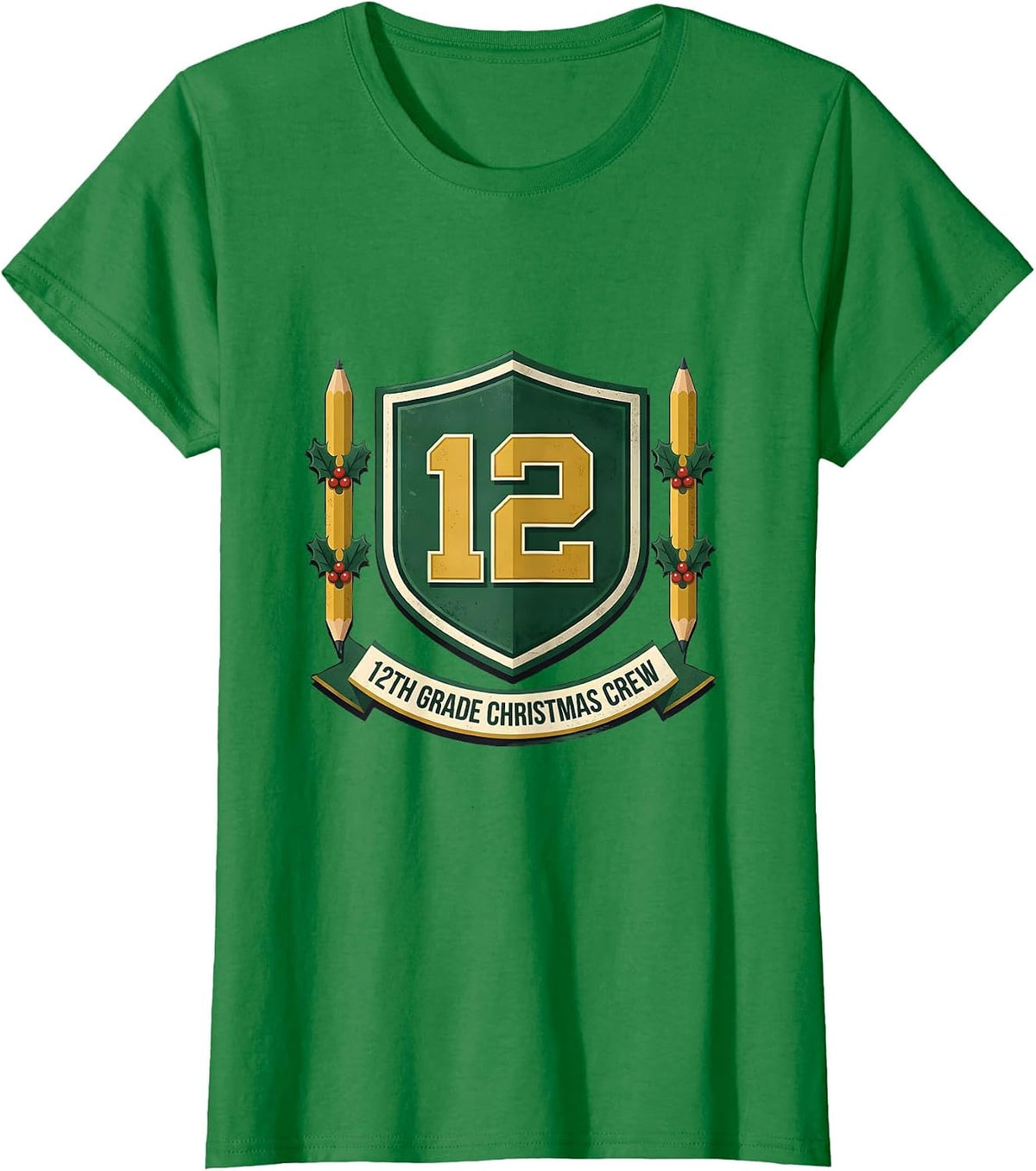 Women's 12th Grade Christmas Crew Emblem Teacher Holiday Humor T-Shirt - Kelly Green