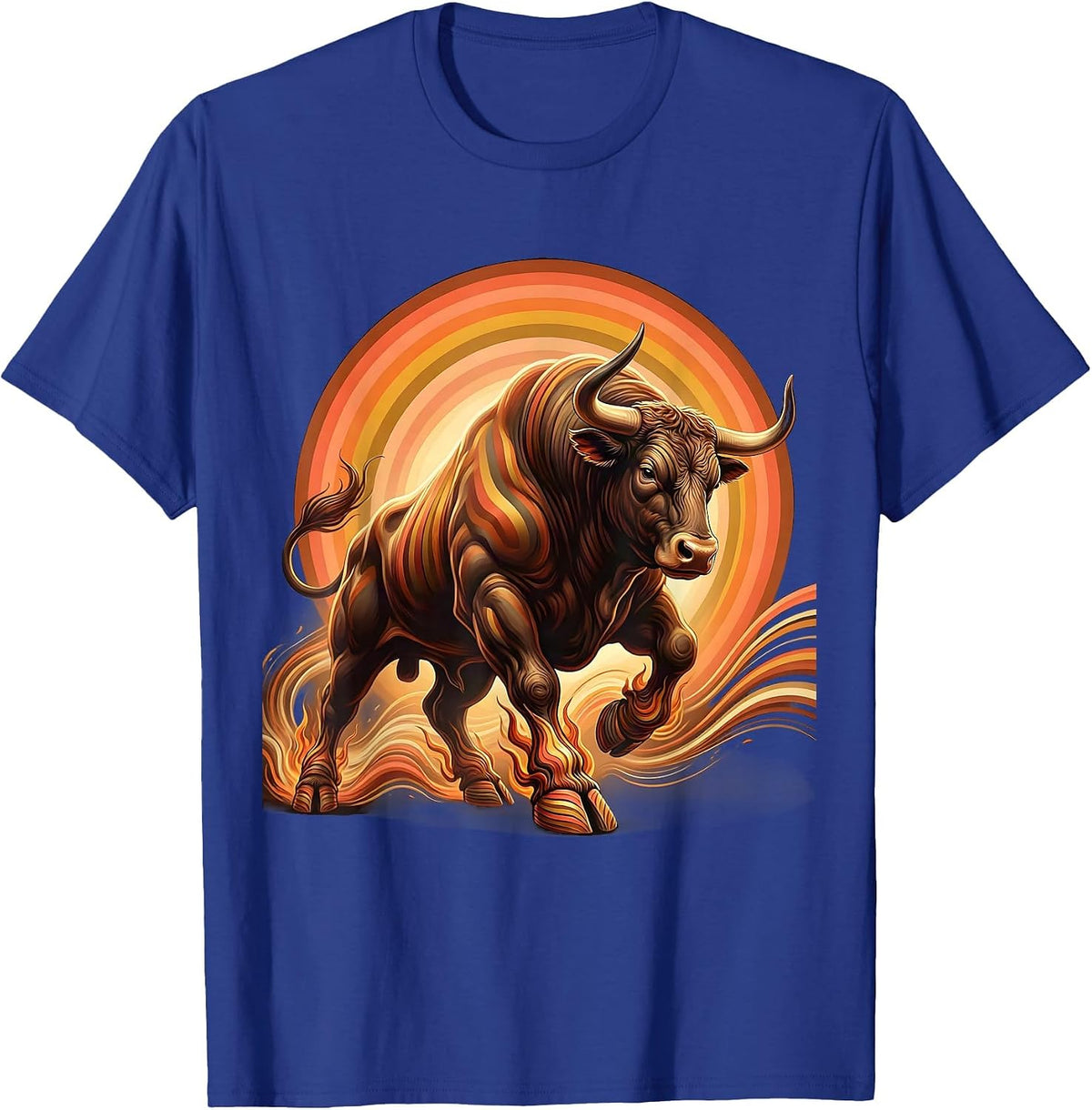 Men's Flaming Bull Rodeo Charging Beast Graphic Tee T-Shirt - Royal Blue