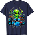Funny Alien Playing Drums Space Music Lover Drum T-Shirt - Navy Blue